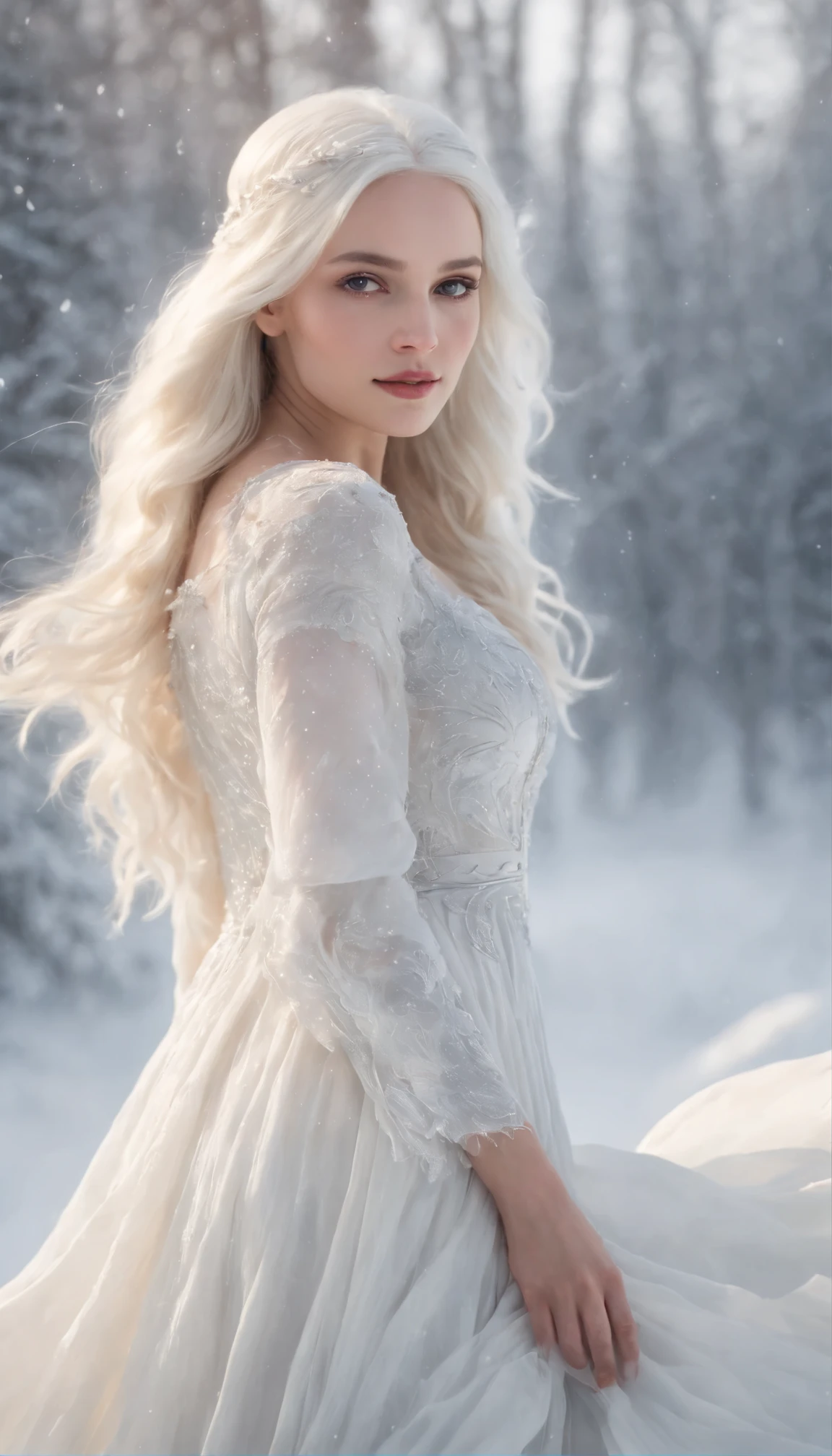 A young beautiful woman, goddess of frost, long flowing white hair, perfect body, perfect round breast, soft and attractive, wearing ancient styled snowy white peplos dress, standing and starring, snows are falling around her, high resolution, fantasy photo, vivid, medium view, Enter a captivating scene, How energetic snow particles ignite the air around you, Creates a stunningly dynamic atmosphere. Creative lighting styles bathed in brilliant light, Frozen light, Harmonizes with rotating snow particles. Crafted with meticulous precision,Render in stunning 10k high resolution, This masterpiece incorporates the artistic medium of digital illustration, Mystical realism, and contemporary surrealism, The ethereal beauty of frost, Snow particles enhance the sense of magic and wonder.