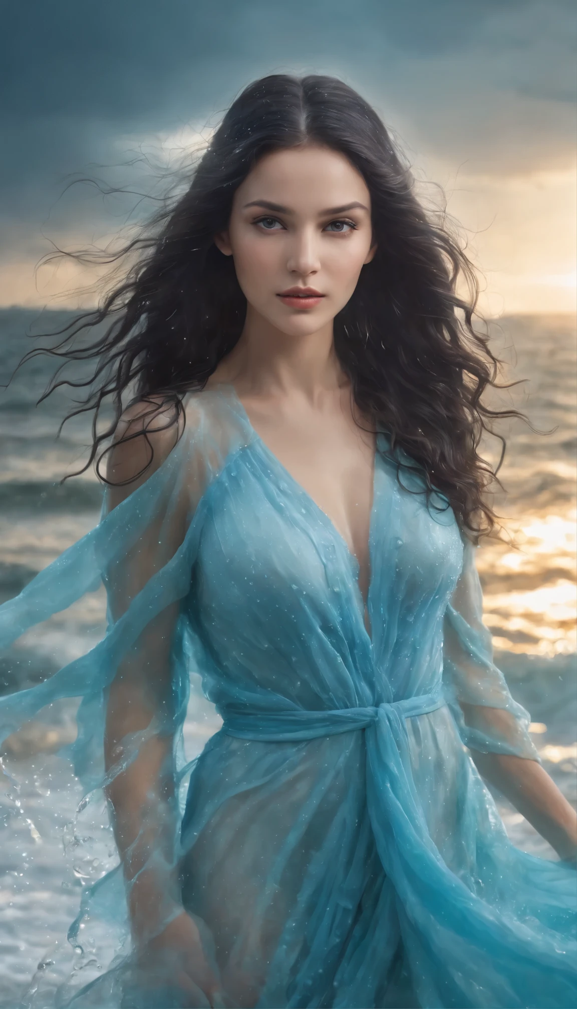 A young beautiful woman, goddess of ocean, long wet blue hair, perfect body, perfect round breast, soft and attractive, wearing ancient styled blue peplos dress, the dresses are wet with water, standing and starring, water splashes around her, high resolution, fantasy photo, vivid, medium view, Enter a captivating scene, How energetic water droplets particles ignite the air around you, Creates a stunningly dynamic atmosphere. Creative lighting styles bathed in brilliant light, Ocean light, Harmonizes with splashing water particles. Crafted with meticulous precision，Render in stunning 10k high resolution, This masterpiece incorporates the artistic medium of digital illustration, Mystical realism, and contemporary surrealism, The ethereal beauty of ocean, Water particles enhance the sense of magic and wonder.