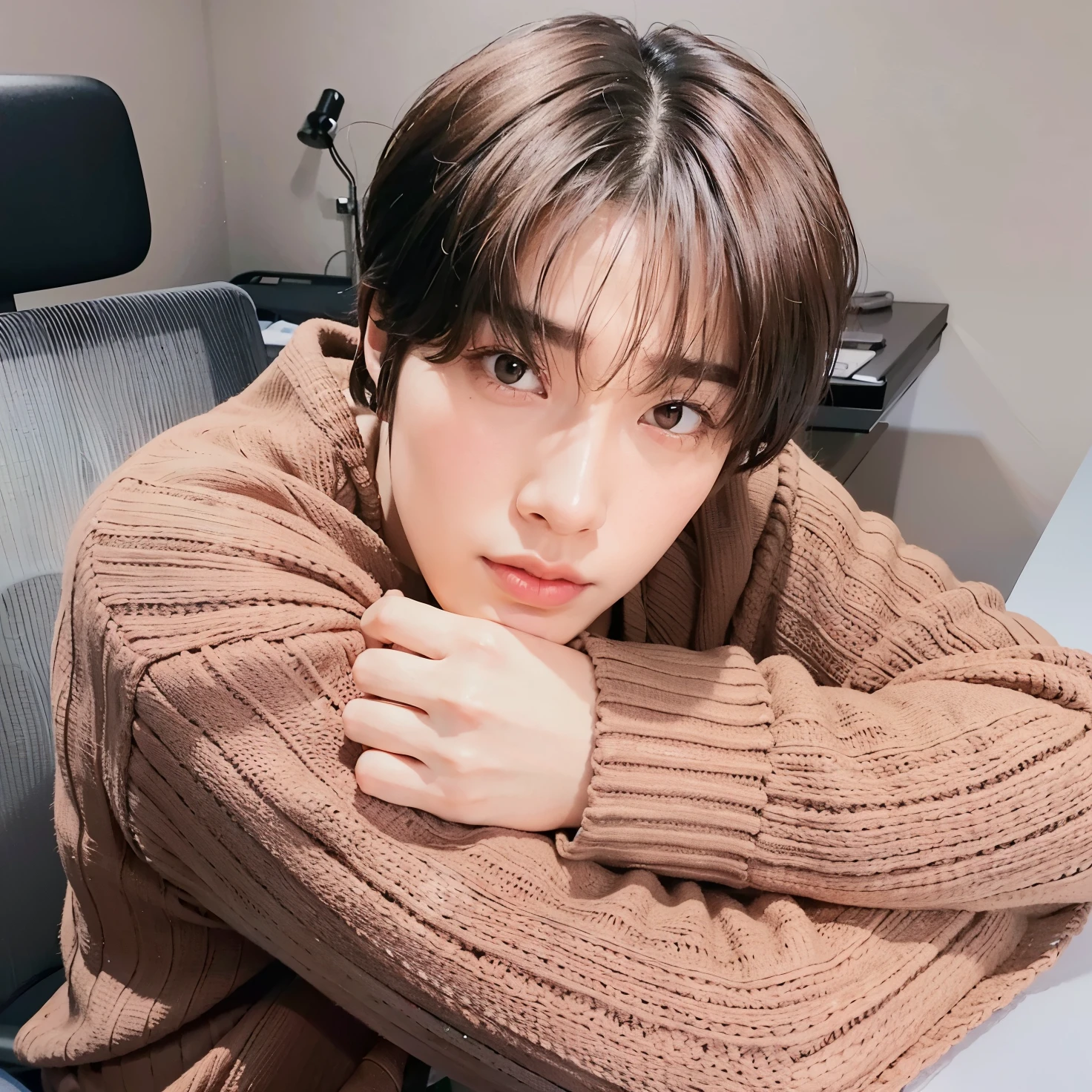a close-up of a person sitting at a desk with a laptop, Jung Jaehyun, cai xukun, xqc, kim doyoung, jungkook, he is wearing a brown sweater, hyung tae, sakimichan, TaeJune Kim, Jinyoung Shin, Con pelo corto, foto de perfil en la cabeza, pintar ulzzang, with brown bangs, hong junio hyung