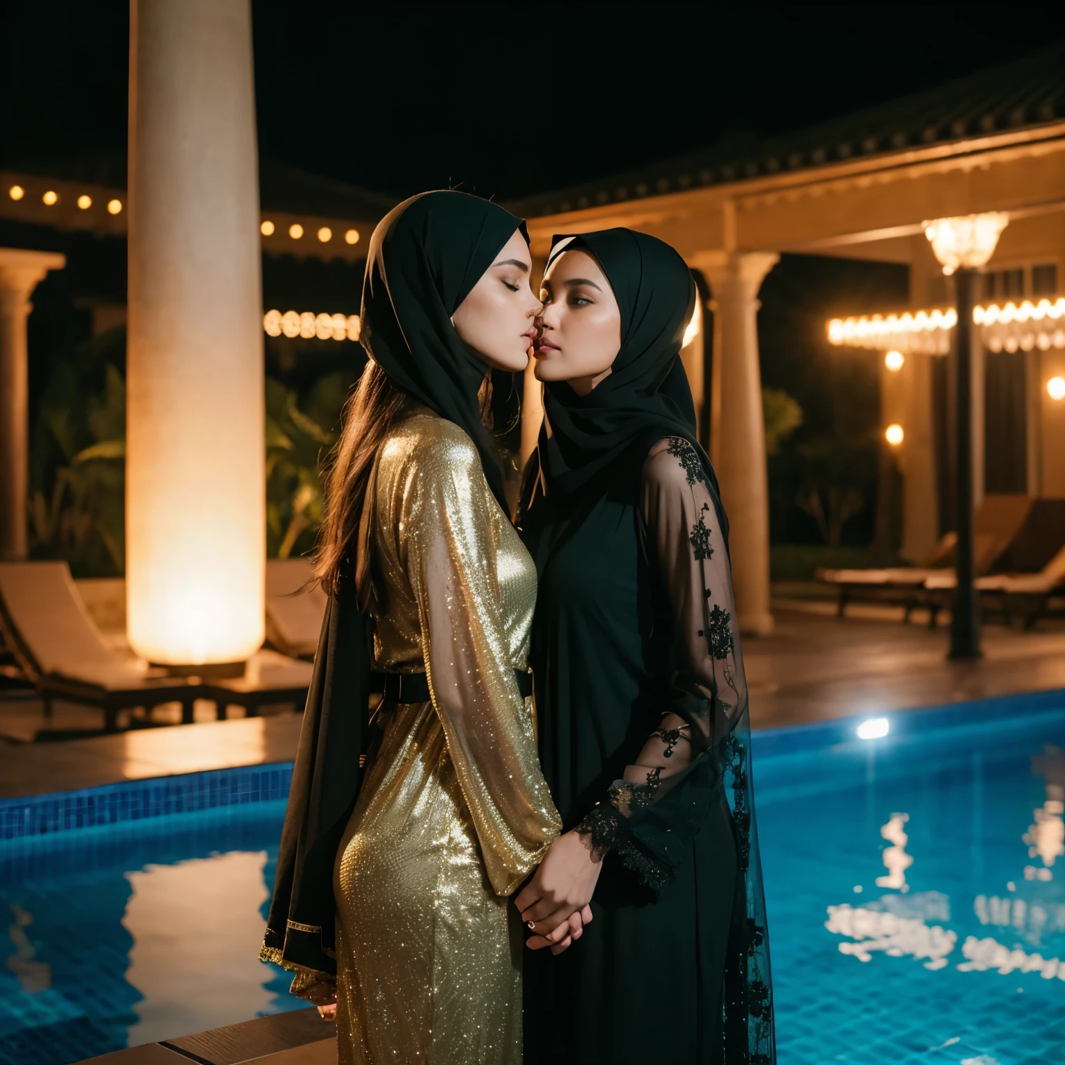 Four Bahrain supermodel girls in black and gold lace pyjamas on luxury villa swimming pool, Doha supermodel girl, realistic, kissing hijabis, green calm background, photorealistic, cinematic composition, cinematic lighting, Shot on 50mm lense, Ultra-Wide Angle, Depth of Field, hyper-detailed, beautifully color-coded, beautifully color graded , bright Lighting, Incandescent, Optical Fiber, Moody Lighting, Cinematic Lighting, Studio Lighting, strong Lighting, Beautiful Lighting, Anti-Aliasing, elegant dynamic pose , photography