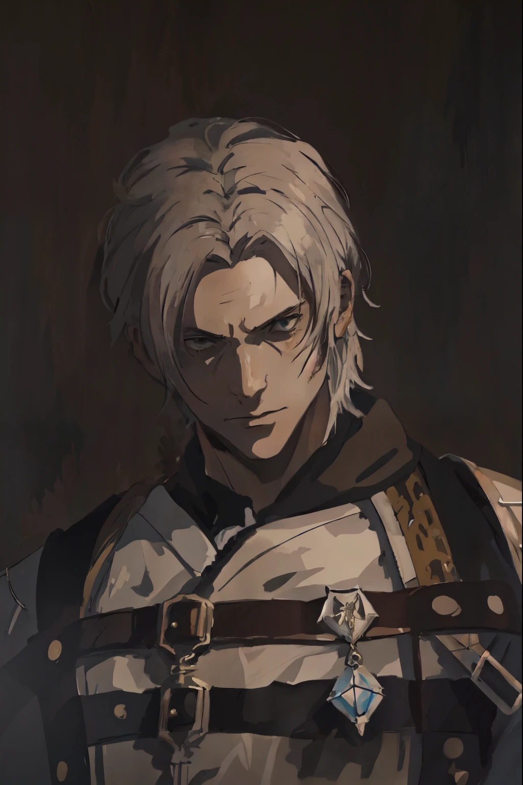 there is a painting of a man, portrait style,  drawn and painted in high resolution, Dark Souls, Miyazaki inspired, medieval anime portrait, a man of some renown, a mage