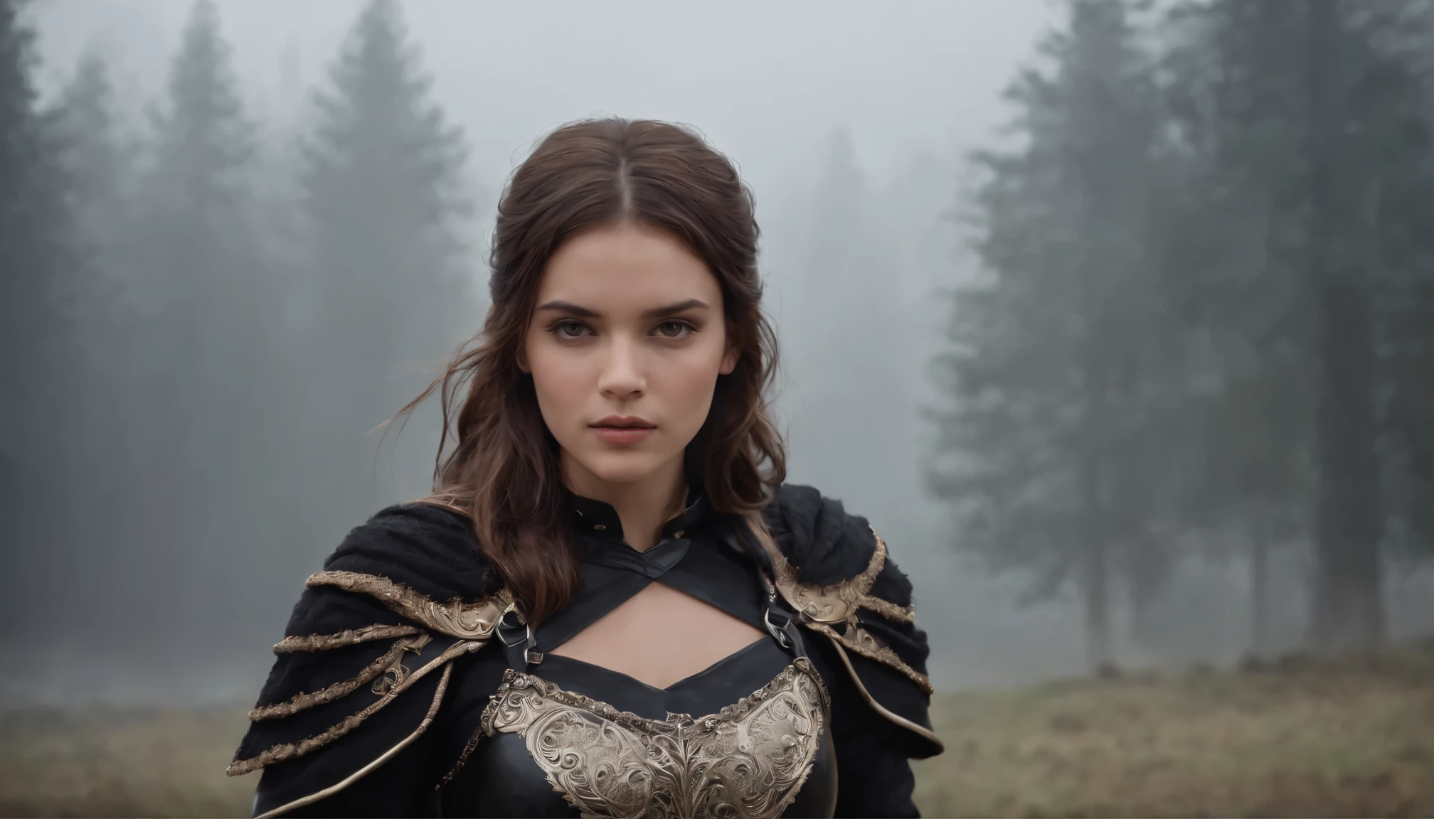 Incredibly beautiful girl, warrior, Brown hair, Brown eyes, light black armor and black cloak, two blades in hands. gloomy fog in the background.