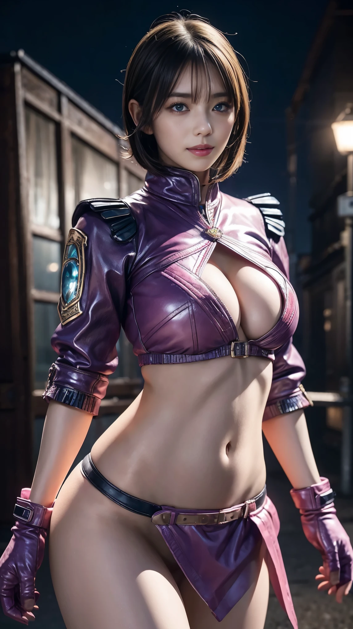 1girl,cowboy shot, beautiful nora_valkyrie, looking at viewer, smile, short hair, blue eyes,heart cutout, gloves, sexy skimpy jacket, pink short skirt, pink belt, short sleeves, puffy sleeves, single armband, fingerless gloves, black hair, pink gloves, dynamic pose, night, outdoors, city, (volumetric lighting), best quality, masterpiece, intricate details, tonemapping, sharp focus, hyper detailed, trending on Artstation, big breasts and slender body