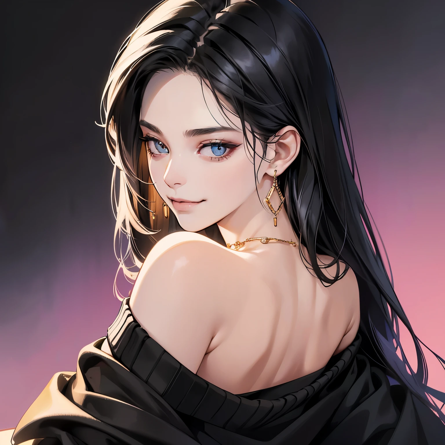(table top, digital art, digital illustration, 4K, 8K, super detailed, beautiful images, clear image, realistic, RAW photo, perfect face, perfect lines, perfect eyes, soft lighting) ,1 female, (long black hair,Bullish gaze,beautiful woman,closed mouth,smirk,Mature,(slender,),23 year old female,:1.3),Wearing an off-shoulder royal blue sweater, she looks back at the viewer.、Gold earrings and necklace、Black and blue gradient background with no pattern