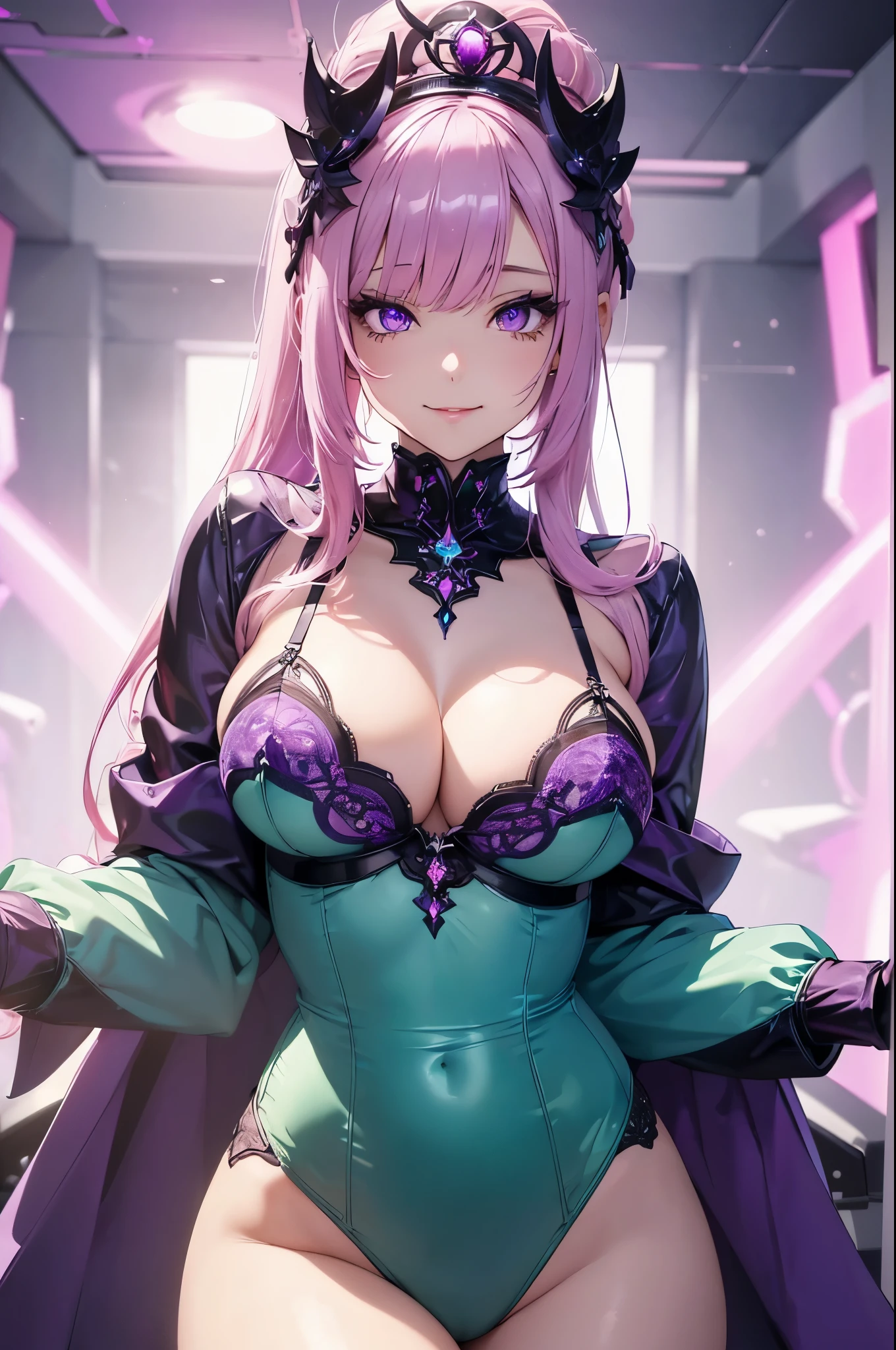 1girl(masterpiece, round_iris, extremely crisp crystalline shiny purple eyes, perfect_anatomy, extremely_captivating_hypnotic_mystic_eyes, ) perfect face, long pastel pink hair, smiling evil, big breasts, green latex lingerie, gaming room, dynamic pose, best quality, 4k