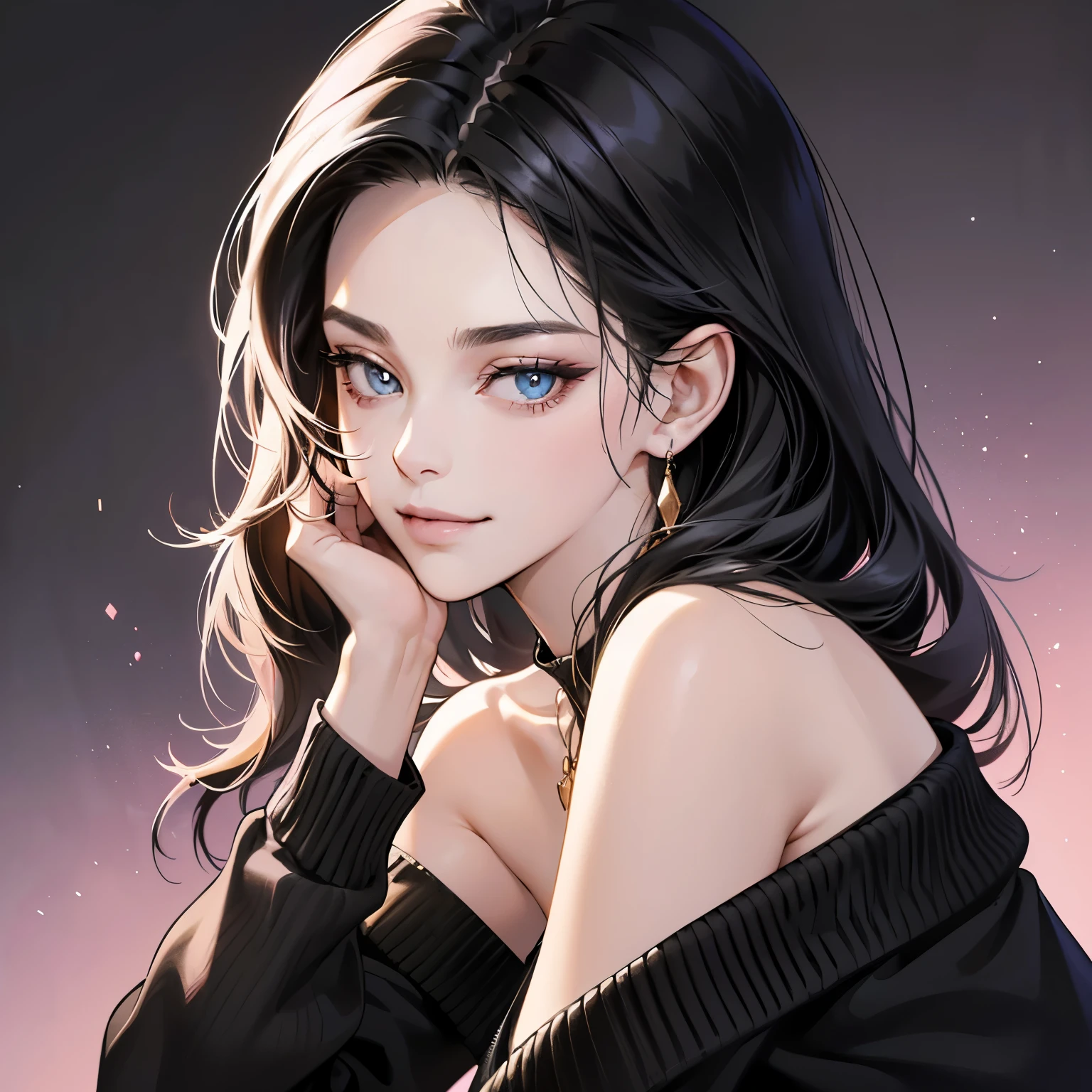 (table top, digital art, digital illustration, 4K, 8K, super detailed, beautiful images, clear image, realistic, RAW photo, perfect face, perfect lines, perfect eyes, soft lighting) ,1 female, (long black hair,Bullish gaze,beautiful woman,closed mouth,smirk,Mature,slender,23 year old female,:1.3),Wearing an off-shoulder black sweater, she looks back at the viewer.、Earrings and necklace are pink gold、Black and blue gradient background