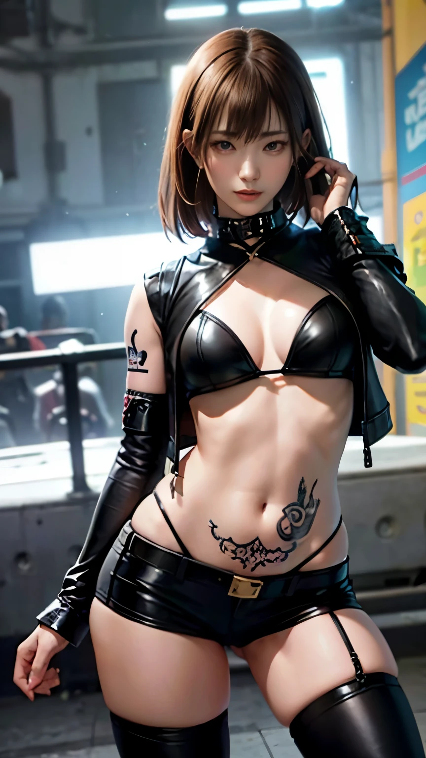 香港の路上にいるGang boss, A group of gang members stood behind,angry look,mixed korean,background is blurry,focal,movie lighting,(((master piece))), ((best quality)), ((intricate and detailed)), ((ultra realistic realism)), ridiculous solution, mature woman, mature woman, See-through, very detailed, enlightenment, 1 girl, (huge tit), thin waist and thick hips,long legs,beautiful and fine eyes, short and fine hair, brunette colored hair, purple eyes, (confused boy set:1.2),Leather Vest,leather pants,leather skirt,naked,KK,race,Has tattoos,arm with tattoo,Full of tattoos,gangs in hong kong,Chen Haonan,triad,Causeway Bay has a handle,gangster women in hong kong,underworld,Full tattoo,Gang boss,sunglasses,And there is blood in the corners of your mouth,gangstar,Confused boy,Bloody violence,Sexy and feminine,(No underwear),panties, Detailed background, perfect eyes, enchanting eyes, (nice hands),detailed hands,looking at the viewer,from the front,Wear the lights,(underworld),Confused boy,Behind him stood a large group of subordinates,