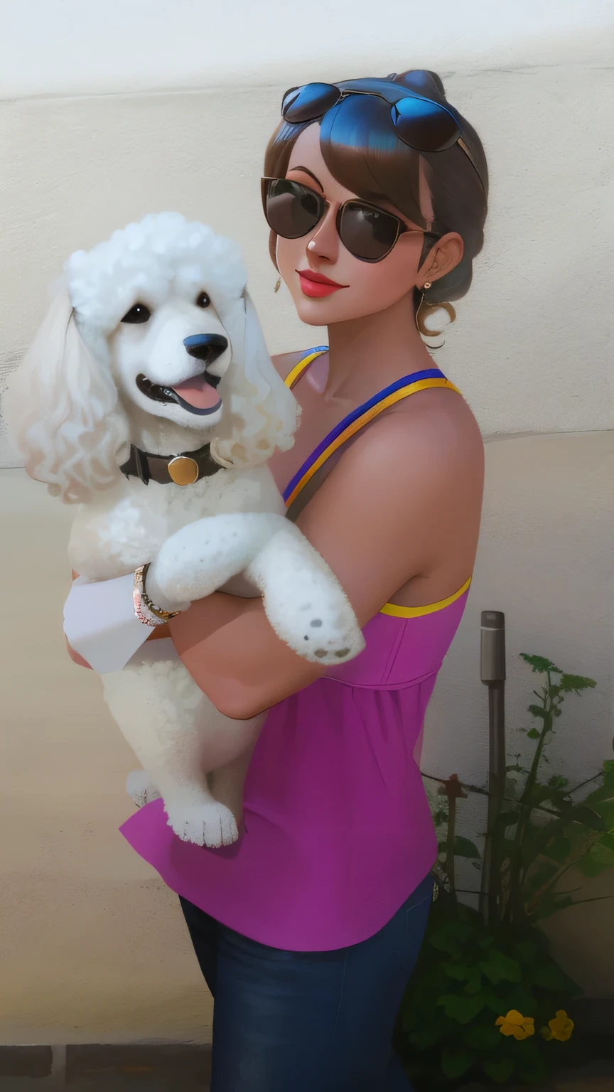 A woman in sunglasses, com um cachorro poodle branco usandro uma gravata no colo, estilo dinsey pixar,alta qualidade, melhor qualidade