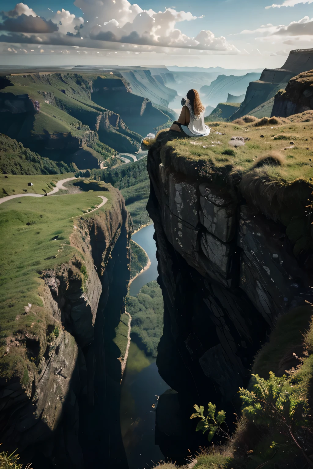 An image of a woman sitting on a cliff with long black hair