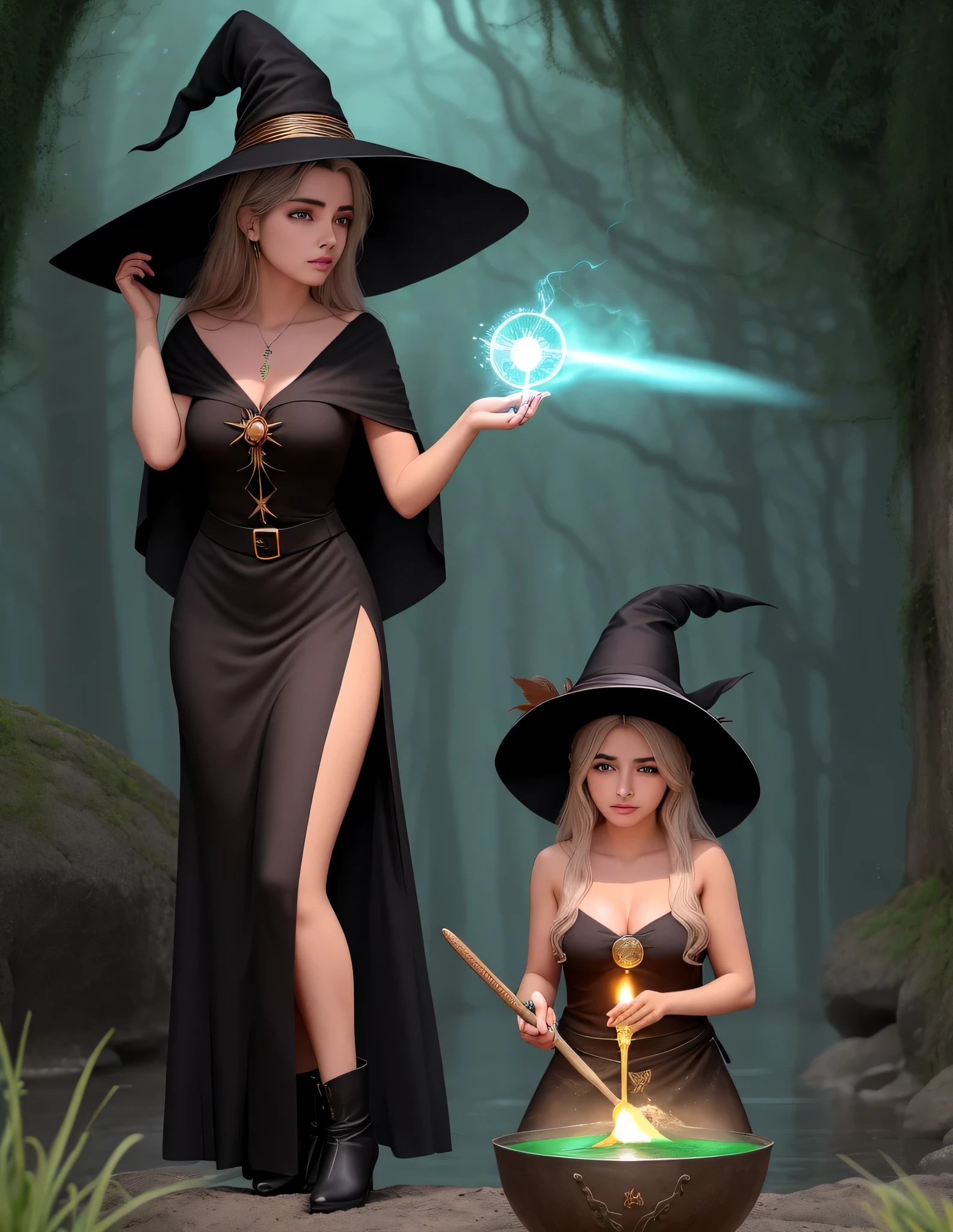 silhueta de corpo inteiro, de duas mulheres jovens bruxas, elegantes, cabelos pretos , estatura mediana,wearing a witch's hat, vestido preto,de botas, creating a magic potion in your cauldron, imagem com fundo branco.