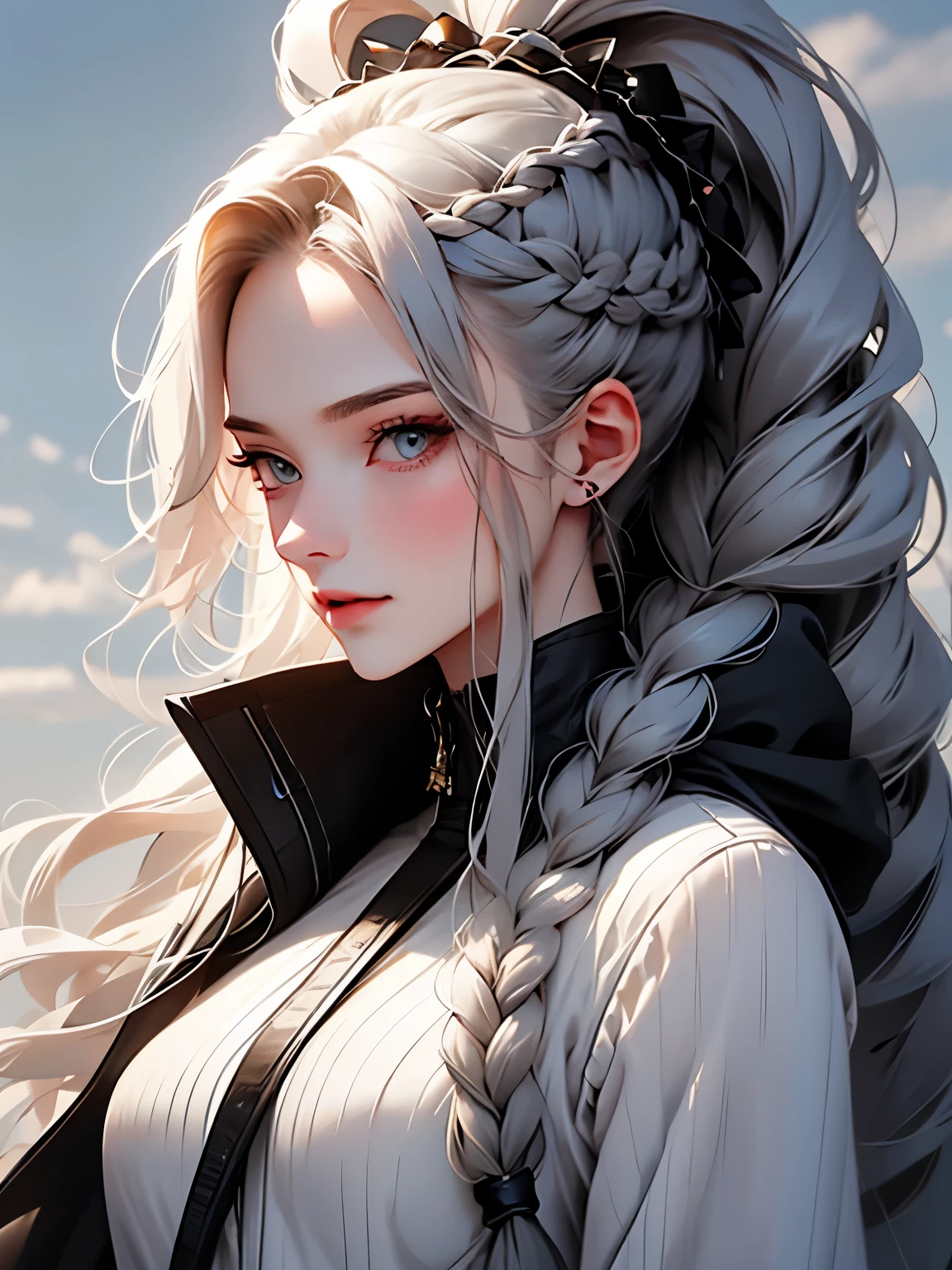 Cassandra is a tall young woman with pale skin, gray eyes and white wavy hair with gray streaks, braided into a high ponytail with many small braids. Two strands of hair and asymmetrical bangs go down the sides of the face