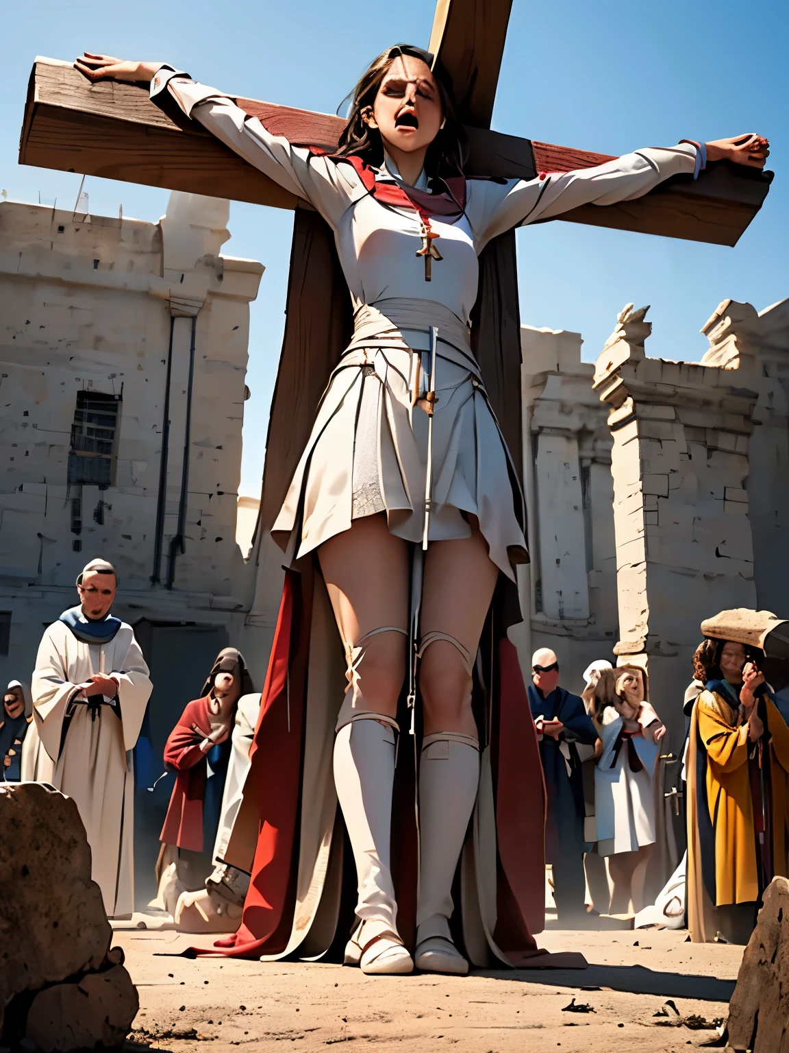 highest quality，masterpiece，8K，Beautiful woman，一人のBeautiful woman，((crucifixion))，cross，(execution)，incontinence，Are crying，((crossにcrucifixionにされた女性：1.5))