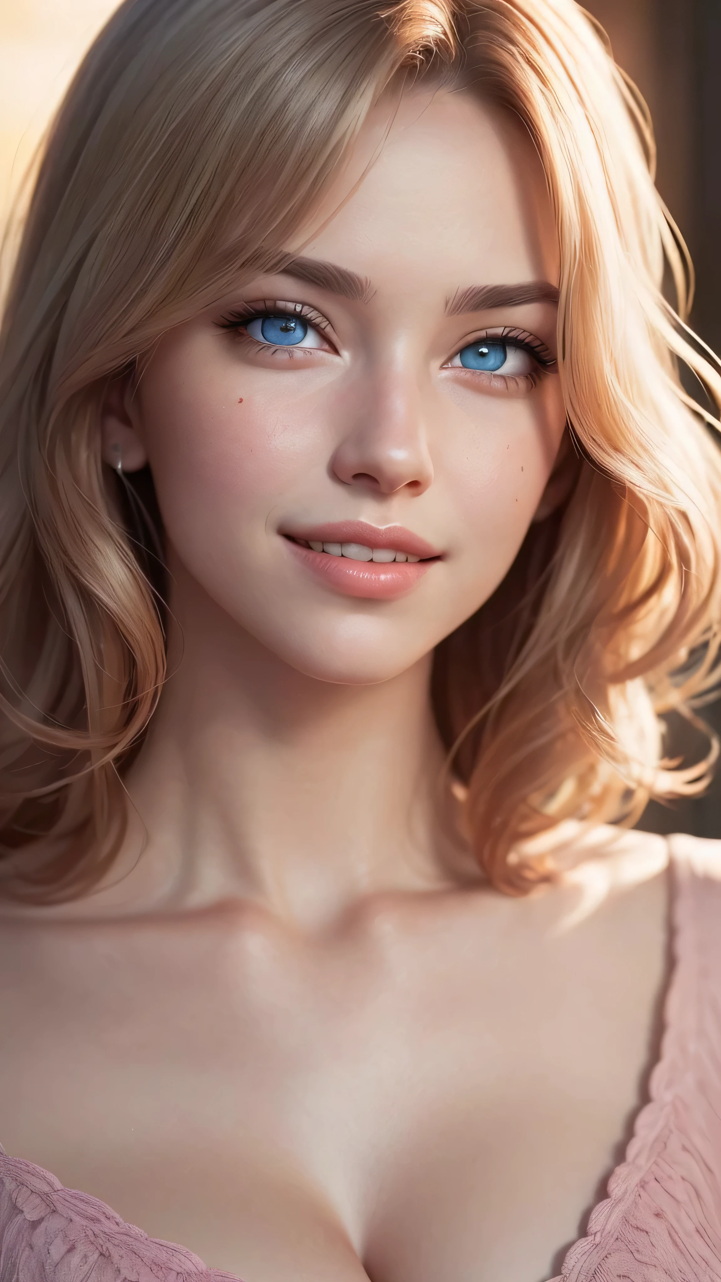 ((best quality: 1.5)) ((masterpiece: 0.8)), intricate details, sharp focus, professional, real life, realistic representation of the face, dim volumetric lighting, dynamic pose, in the style of realistic and hyper detailed renderings BREAK (detailed 30 year old woman, (((portrait, (sallow cheeks, chin up, visible skin detail), natural lips)) ice blue eyes, short blonde curly hair, ((shy, grinning)))), photorealistic, hyper-realistic, 8K