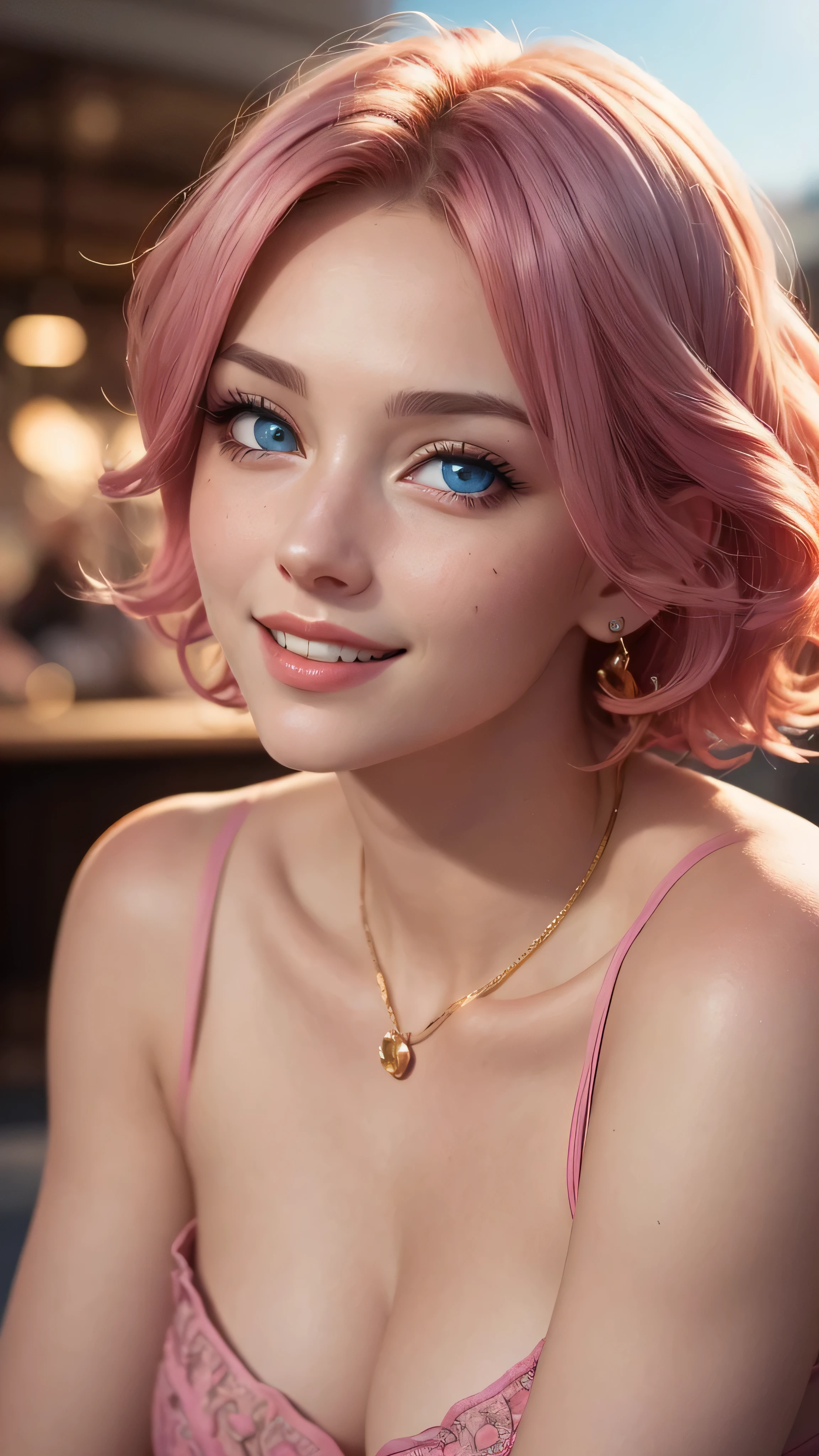 ((best quality: 1.5)) ((masterpiece: 0.8)), intricate details, sharp focus, professional, real life, realistic representation of the face, shadows, golden hour, dynamic pose, in the style of realistic and hyper detailed renderings BREAK (detailed 30 year old woman, (((portrait, cleft chin up), natural lips, short pink wavy hair)) ice blue eyes, soft gray sweater, ((shy, grinning, crowded cafe)))), photorealistic, hyper-realistic, 8K, blemish: 0.5