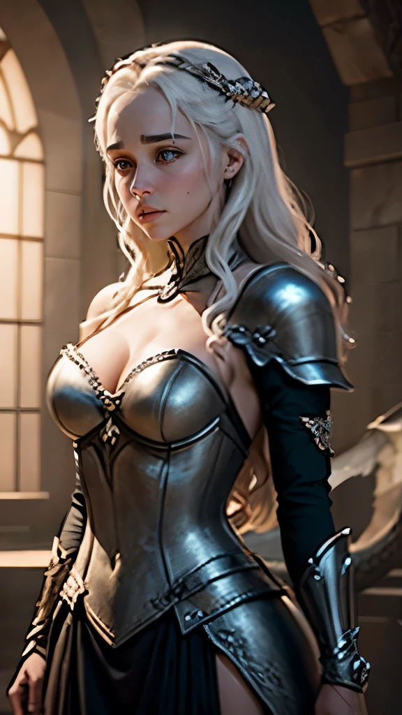 depth of field, cinematic lighting, motion blur, chromatic aberration, ray tracing, anime, 8k, super detail, best quality, 1080P, HD, 4K, 16k. Anime, Daenerys Targaryen, standing next to a dragon, large cleavage