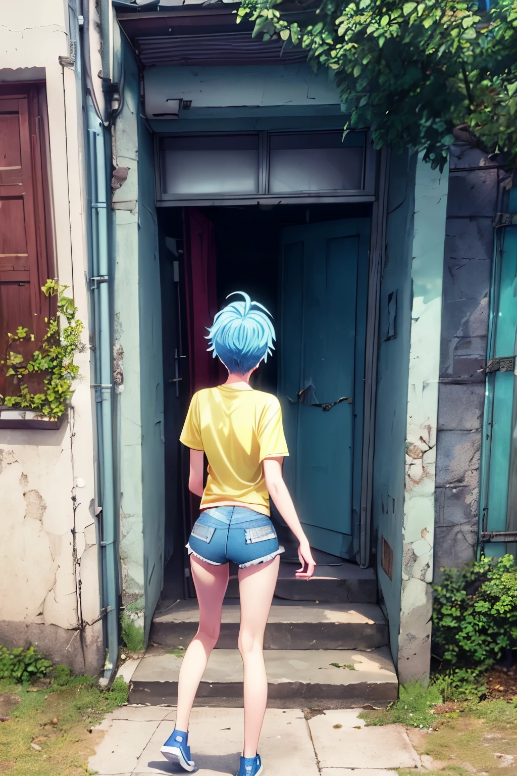 (an ordinary entrance to an old Soviet apartment building), (anime) (Best quality), (1 skinny girl), (the girl looks like a boy), (pale skin), ((Narrow hips)), ((Little butt)), ((denim shorts)), (red high-waisted panties visible above the hem of the shorts), (blue t-shirt)), ((yellow sneakers)), (short haircut), (White hair), (Glasses), (climbs the stairs), (general view from the back)