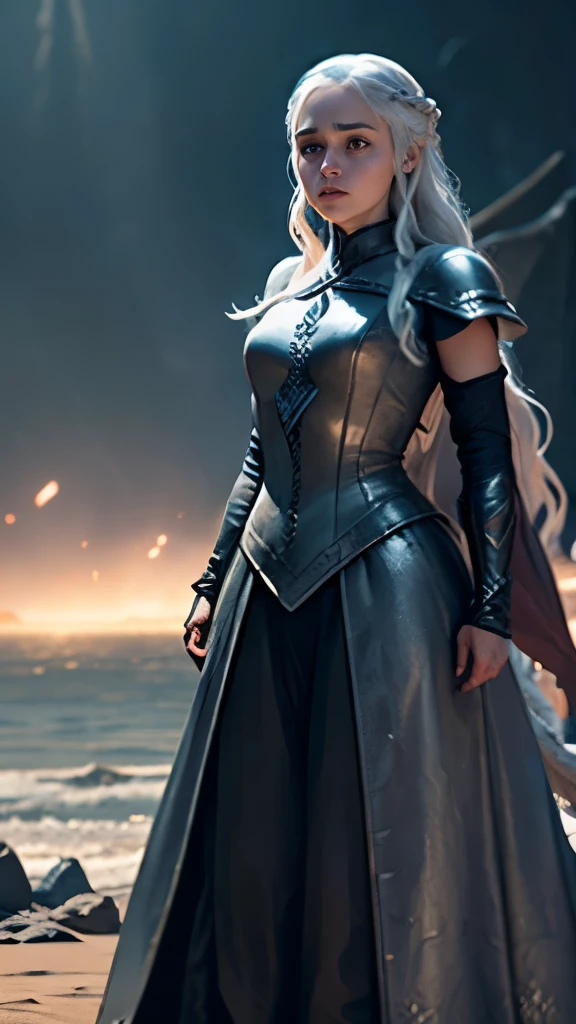 depth of field, cinematic lighting, motion blur, chromatic aberration, ray tracing, anime, 8k, super detail, best quality, 1080P, HD, 4K, 16k. Anime, Daenerys Targaryen, standing next to a dragon, Game of Thrones