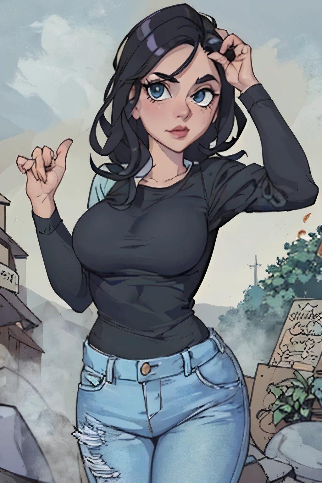 Karikatur einer Frau in einem schwarzen Top und blauen Jeans, Loischer Kunststil, Cartoon-Kunststil, Lois van Baarle und Rossdraws, Cartoon-Kunststil, loish |, Artgerm und Lois van Baarle, im Stil der digitalen Illustration, Nahaufnahme der Charakterkunst, Illustration im Cartoon-Stil, digitale 2D-Illustration, Cel-Shaded-Kunststil, weint