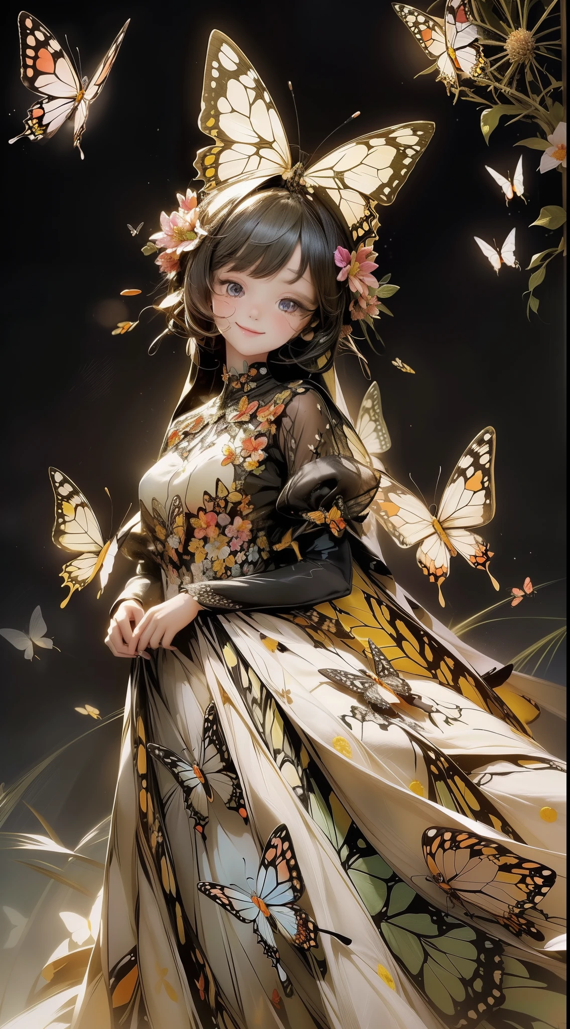 (32k), (beautiful cute girl), (butterfly ornament), (butterfly dress), ((many butterflies)), (((background of many flowers
))), (((bright background))), (beautiful world), (cute world), smile, (32k), (beautiful cute girl), (butterfly ornament), (butterfly dress), ((many butterflies)), (background of many flowers
), (((bright background))), (beautiful world), (cute world), smile,