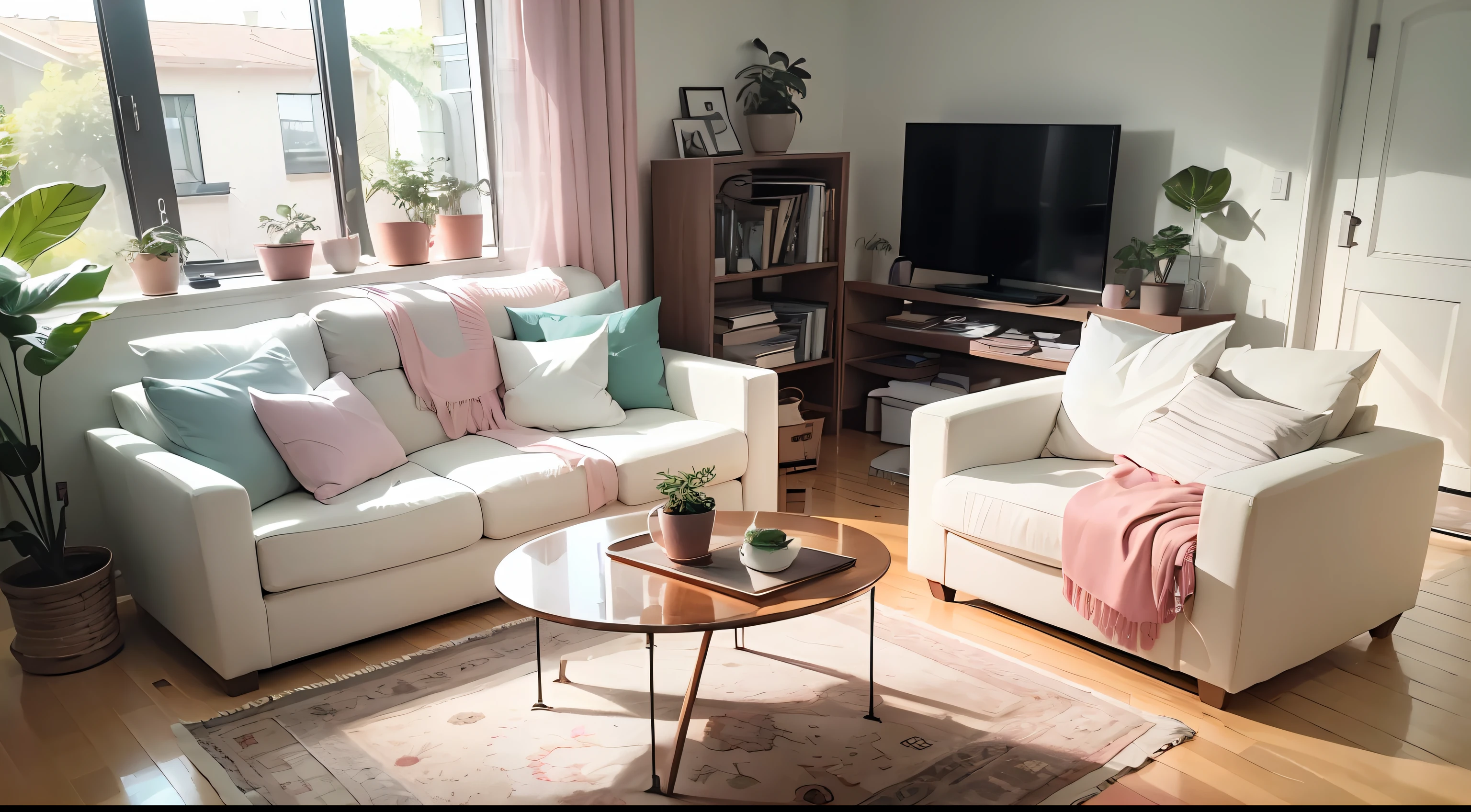 Modern minimalist indoor living room scene Simple furniture Living room placed with a milky pink sofa A pot of green plants No need for excess furniture High quality HD image quality Bright light --auto