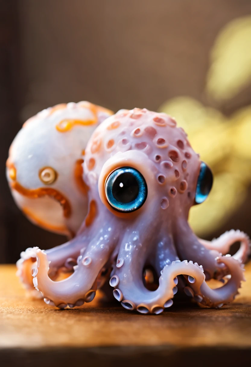 there is a small octopus that is sitting on a table, octopus , adorable animal, Beautiful and lovely, cute anthropomorphic octopus , beautiful and cute, a octopus full of hope, octopus face only, anthropomorphicoctopus 可爱又可爱, Lovely and beautiful, the cutest creature in the world, 🐿🍸🍋, octopus