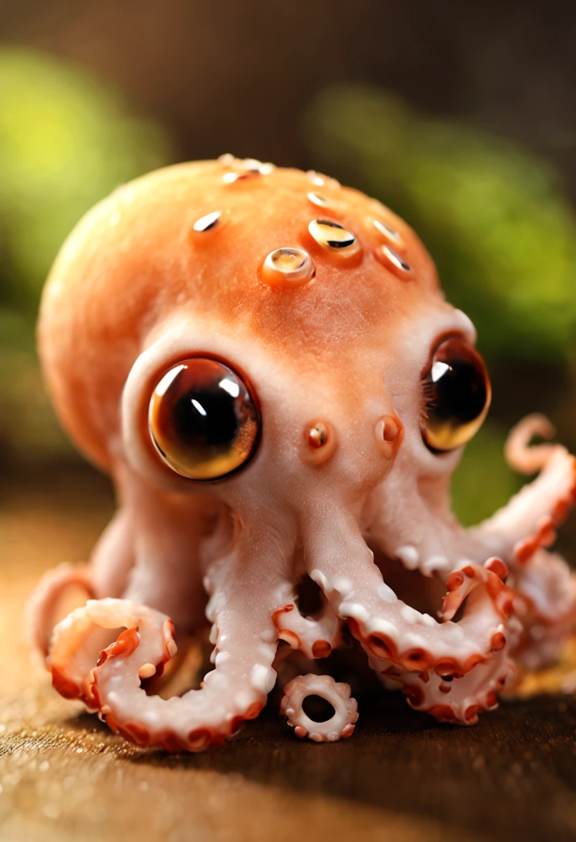 there is a small octopus that is sitting on a table, octopus , adorable animal, Beautiful and lovely, cute anthropomorphic octopus , beautiful and cute, a octopus full of hope, octopus face only, anthropomorphicoctopus 可爱又可爱, Lovely and beautiful, the cutest creature in the world, 🐿🍸🍋, octopus