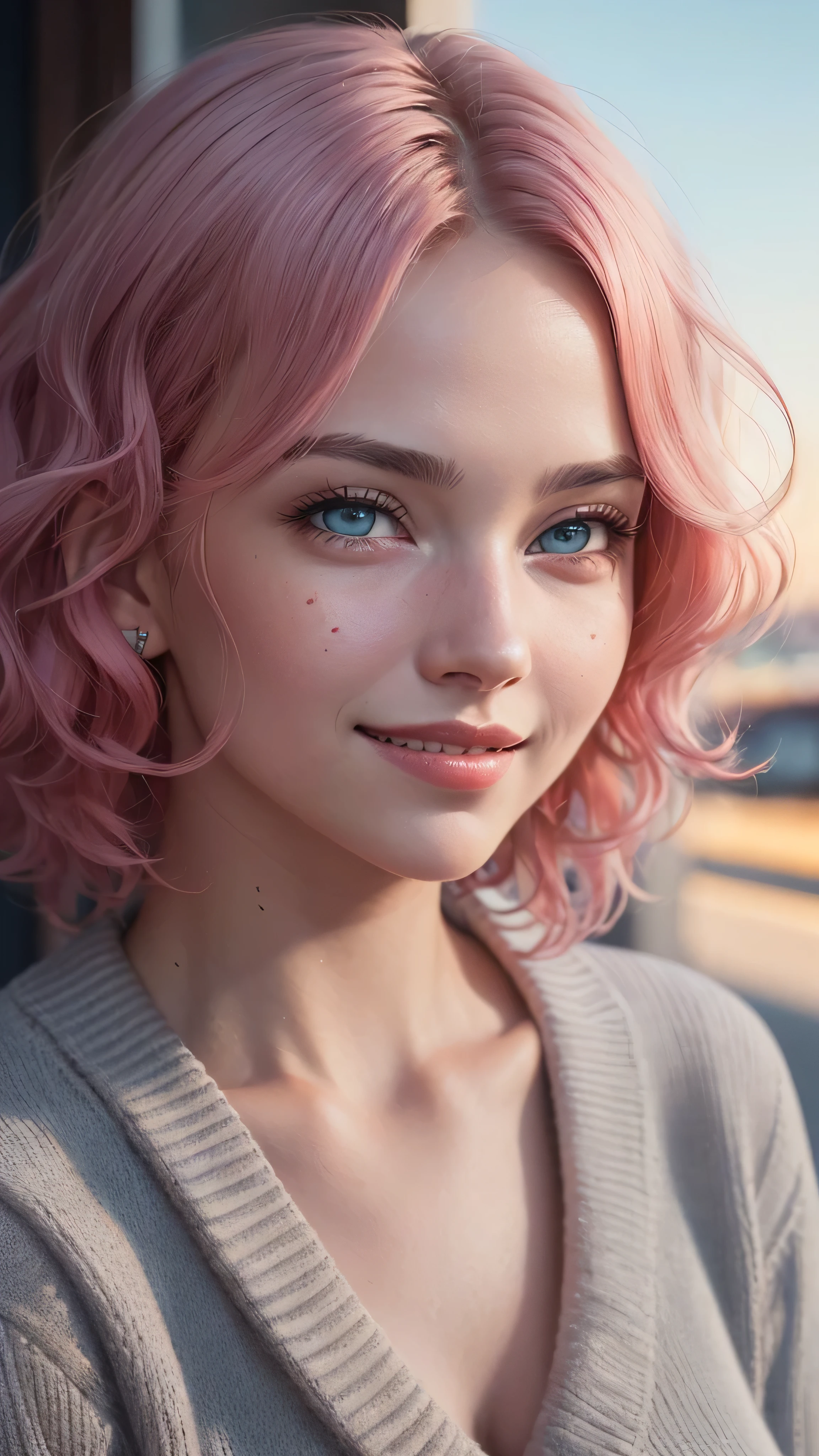 ((best quality: 1.5)) ((masterpiece: 0.8)), intricate details, sharp focus, professional, real life, realistic representation of the face, shadows, golden hour, dynamic pose, in the style of realistic and hyper detailed renderings BREAK (detailed 30 year old woman, (((portrait, cleft chin up), natural lips, short pink wavy hair)) ice blue eyes, soft gray sweater, ((shy, grinning, crowded cafe)))), photorealistic, hyper-realistic, 8K, blemish: 0.5