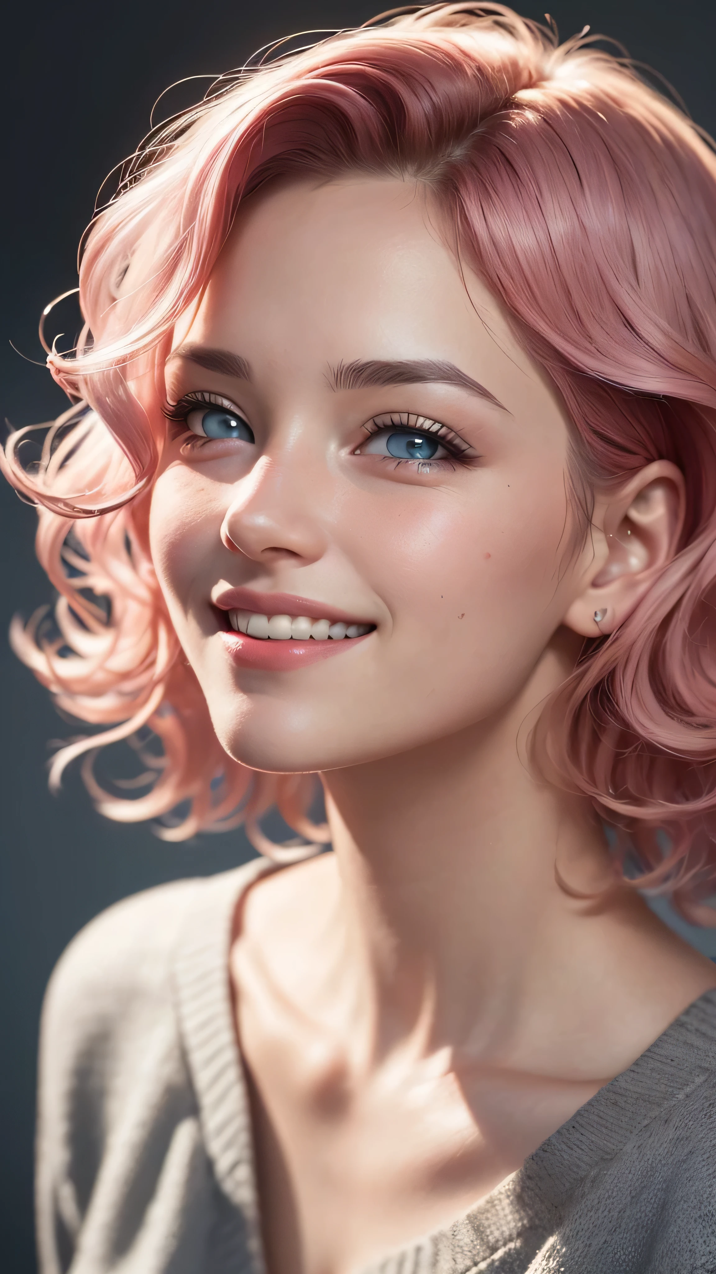 ((best quality: 1.5)) ((masterpiece: 0.8)), intricate details, sharp focus, professional, real life, realistic representation of the face, shadows, golden hour, dynamic pose, in the style of realistic and hyper detailed renderings BREAK (detailed 30 year old woman, (((portrait, cleft chin up), natural lips, short pink wavy hair)) ice blue eyes, soft gray sweater, ((shy, grinning, crowded cafe)))), photorealistic, hyper-realistic, 8K, blemish: 0.5