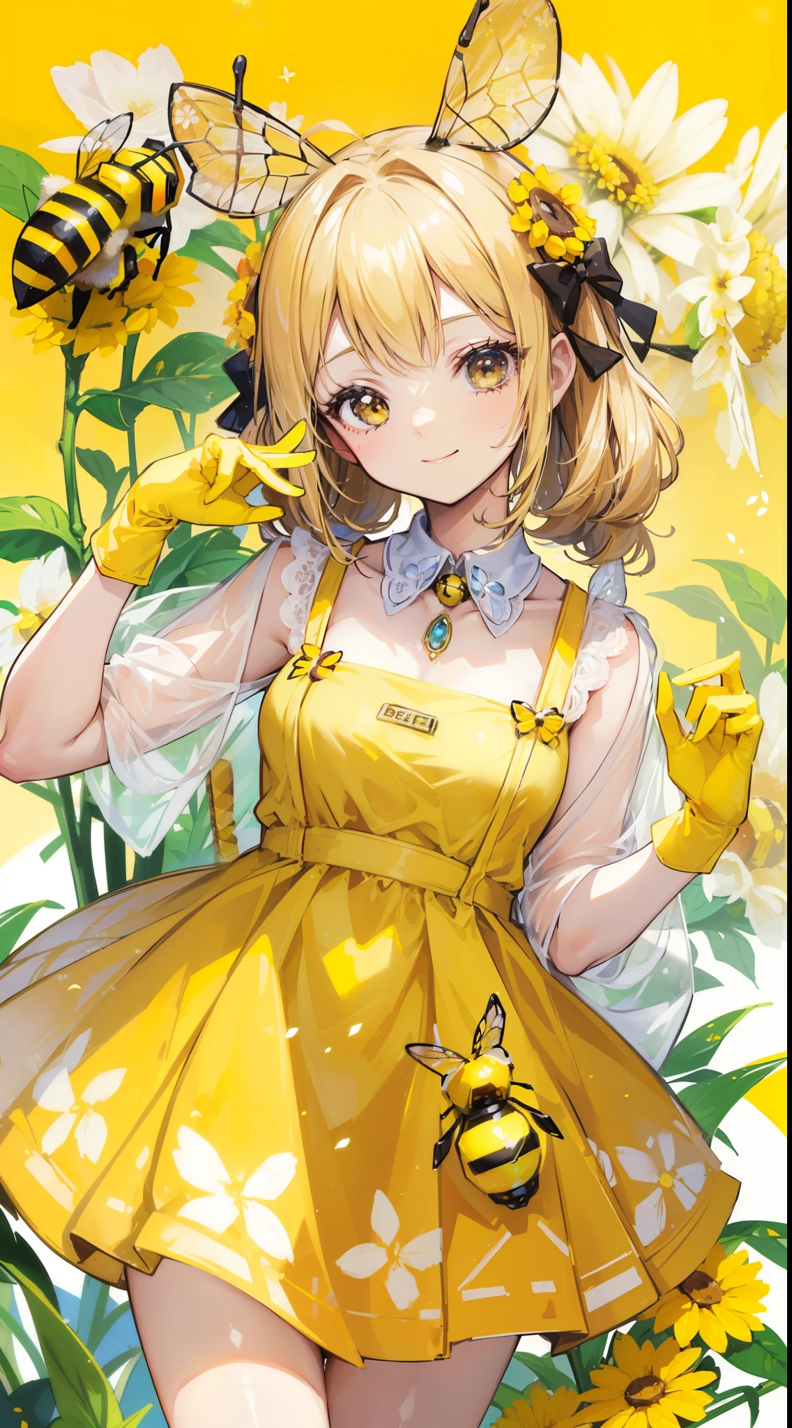 (32k), (beautiful cute girl), (((bee))), (bee ornament), (((bee dress))), (((many bee))), (((background of many flowers
))), (beautiful world), (cute world), smile,