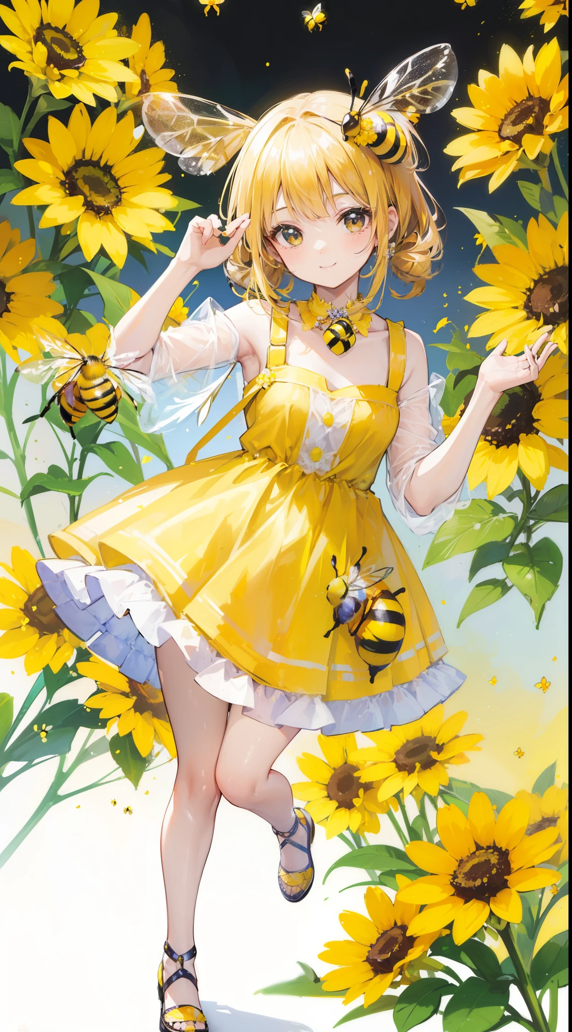 (32k), (beautiful cute girl), (((bee))), (bee ornament), (((bee dress))), (((many bee))), (((background of many flowers
))), (beautiful world), (cute world), smile,