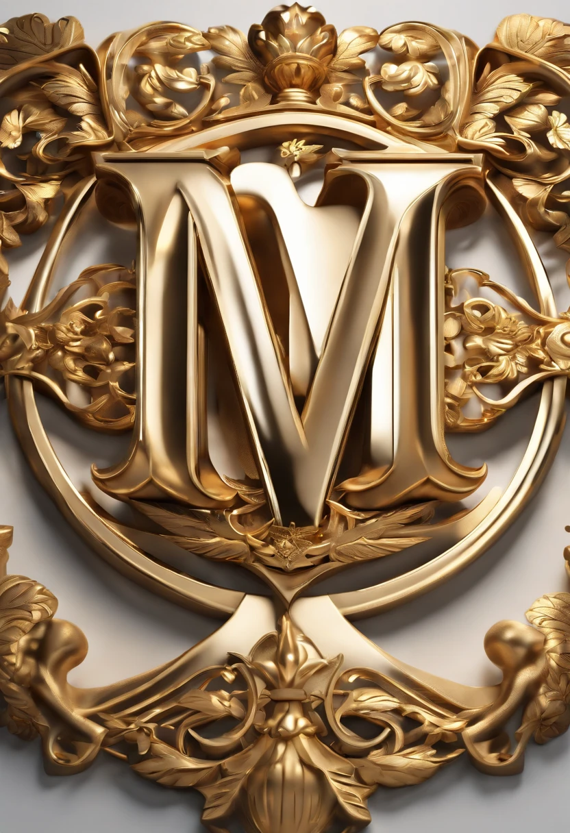 Close-up of the gold metal letter M with decorative design, royal insignia in background, sharp metal crest, Masterpiece. render in blender, intricate ornate anime cgi style, rendered in keyshot, imperial symbol, medal, in style of ultra high detail, 3 D 徽标, A masterpiece of 3D ray tracing, designed in blender, magnificent design, highly detailed texture render