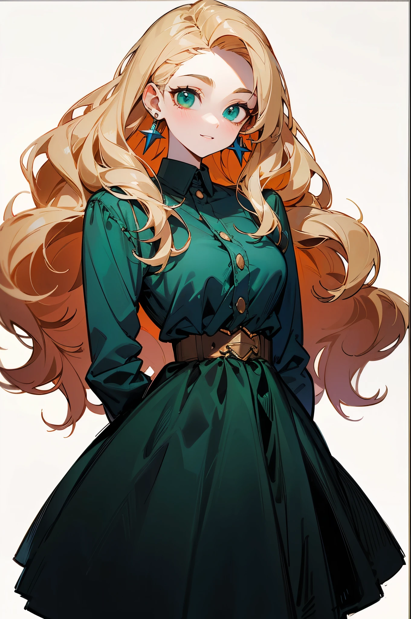 1girl, solo, standing, muture female, highly detailed, vibrant colors, composite lighting, professional shading, (white background:1.5), (blank background:1.5), masculine shapes, sharp and crisp image, high quality textures, perfectly structured, natural proportions, slender, smile, pale skin, (blonde hair), (wavy hair), long hair, green eyes, (casual dress), American fashion, earrings, jewelry,