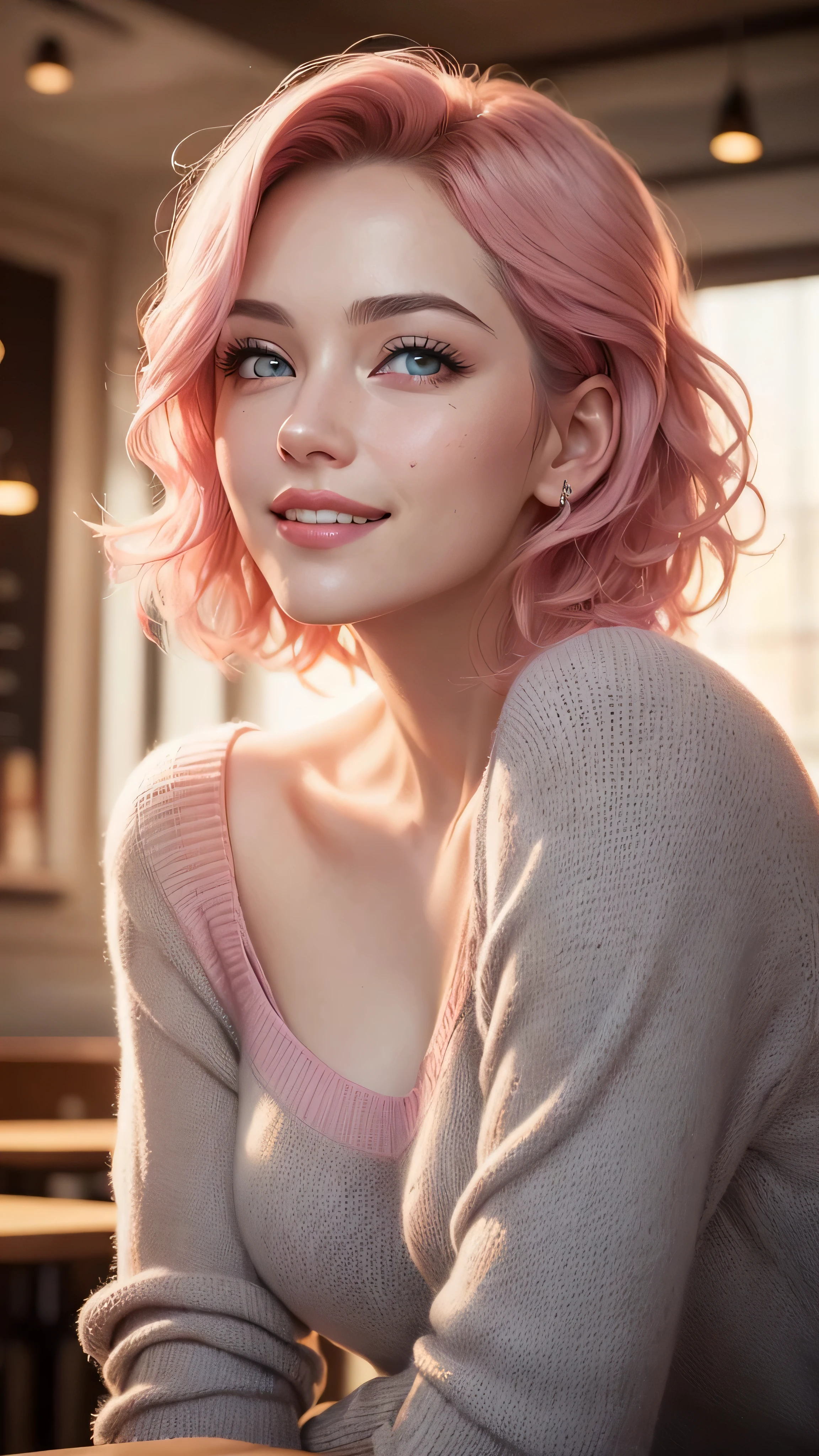 ((best quality: 1.5)) ((masterpiece: 0.8)), intricate details, sharp focus, professional, real life, realistic representation of the face, shadows, golden hour, dynamic pose, in the style of realistic and hyper detailed renderings BREAK (detailed 30 year old woman, (((portrait, cleft chin up), natural lips, short pink wavy hair)) ice blue eyes, soft gray sweater, ((shy, grinning, crowded cafe)))), photorealistic, hyper-realistic, 8K, blemish: 0.5