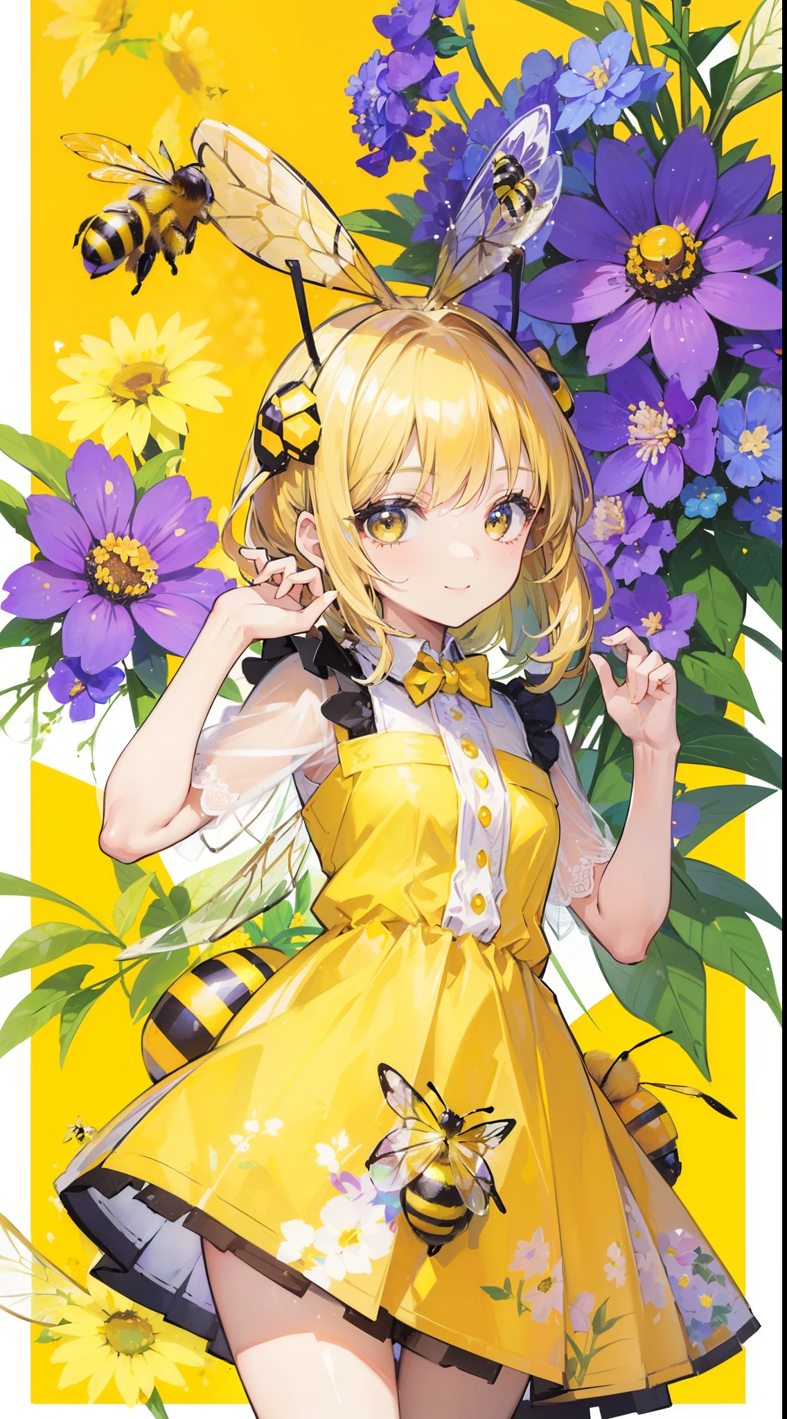 (32k), (beautiful cute girl), (((bee))), (bee ornament), (((bee dress))), (((many bee))), (((background of many flowers
))), (beautiful world), (cute world), smile,