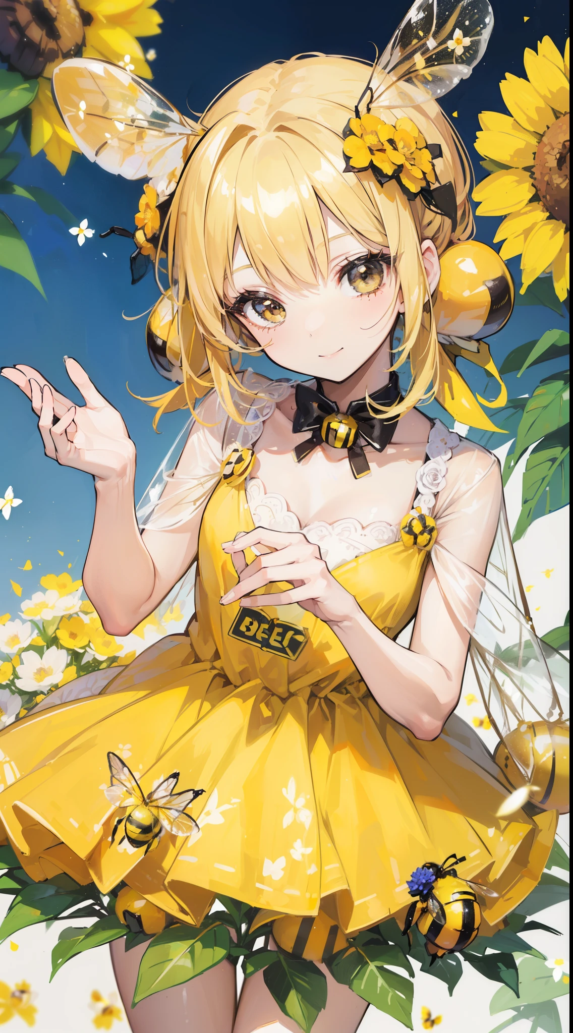 (32k), (beautiful cute girl), (((bee))), (bee ornament), (((bee dress))), (((many bee))), (((background of many flowers
))), (beautiful world), (cute world), smile,