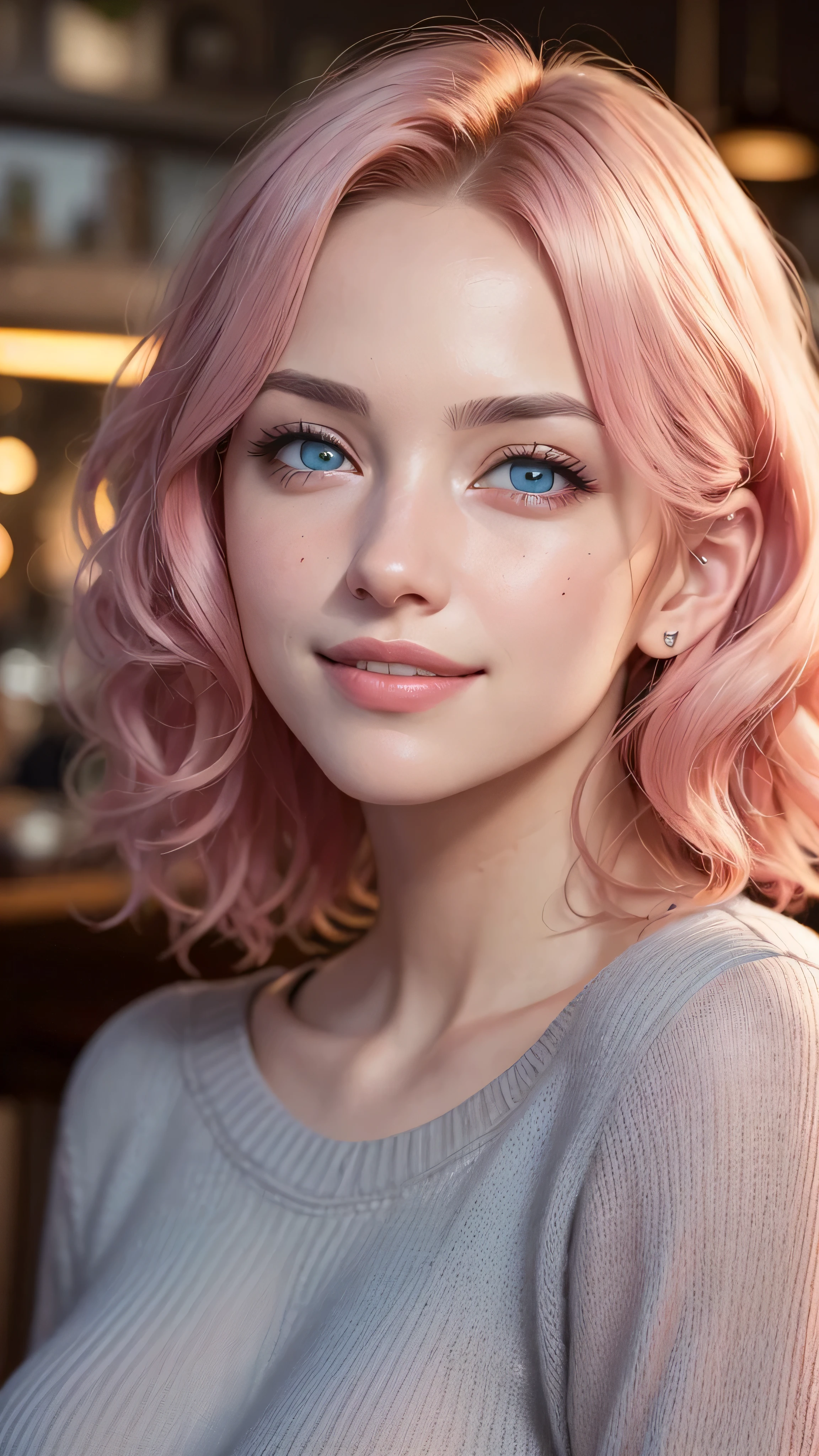 ((best quality: 1.5)) ((masterpiece: 0.8)), intricate details, sharp focus, professional, real life, realistic representation of the face, shadows, golden hour, dynamic pose, in the style of realistic and hyper detailed renderings BREAK (detailed 30 year old woman, (((portrait, cleft chin up), natural lips, short pink wavy hair)) ice blue eyes, soft gray sweater, ((shy, grinning, crowded cafe)))), photorealistic, hyper-realistic, 8K, blemish: 0.5