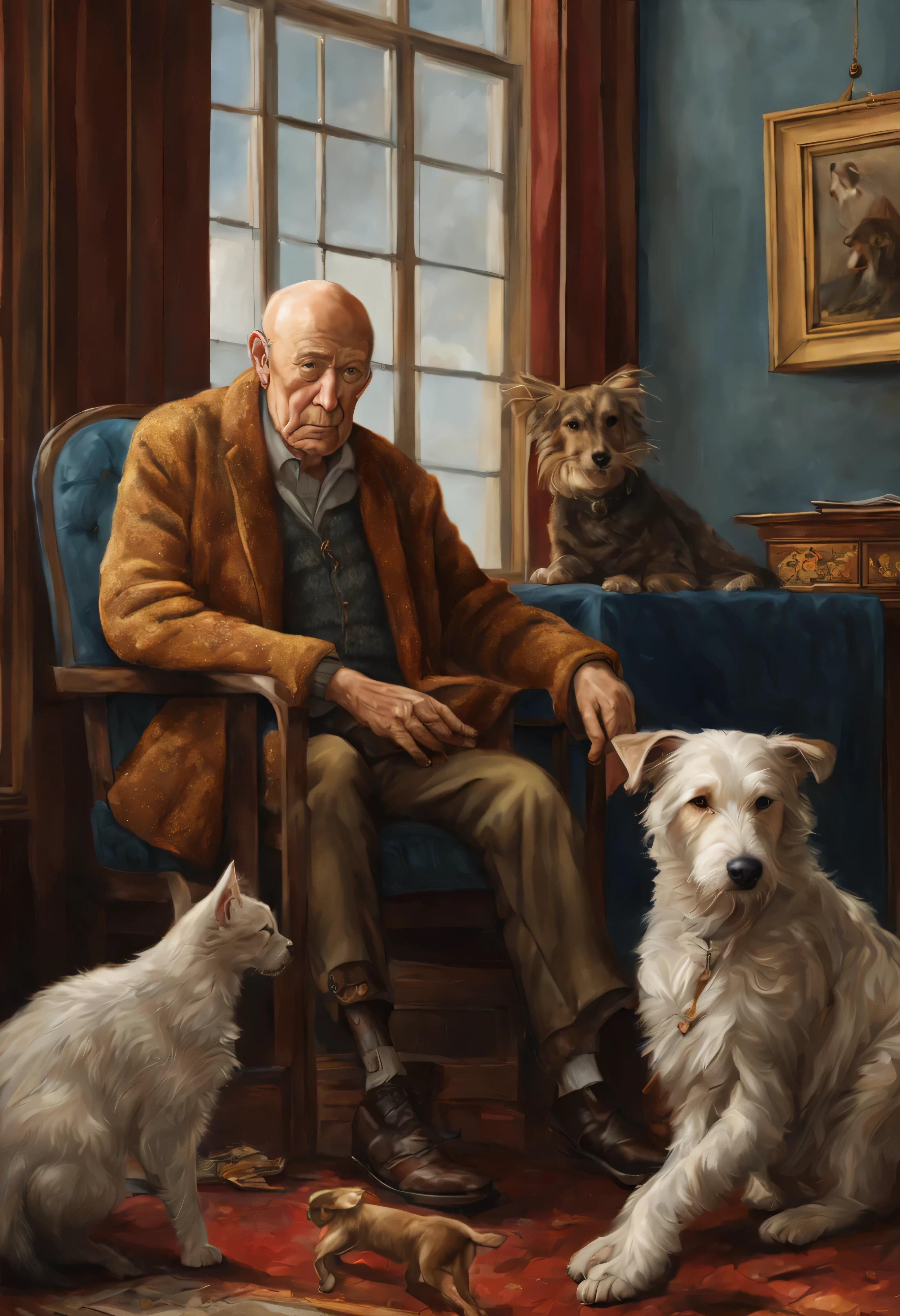 Photorealistic portrait of a 60-year-old man.+ Years, with a bald head, in a blue chunky knit sweater, sitting in the armchair, A huge wolfhound dog sits nearby, Red terrier lying on a man&#39;legs, black cat sits on the back of a chair, against the backdrop of a large panoramic window, on the windowsill of which a cat and a cat are sitting, masterpiece! elegant portrait, royal portrait painting, Digital painting, royal portrait, элегантная Digital painting