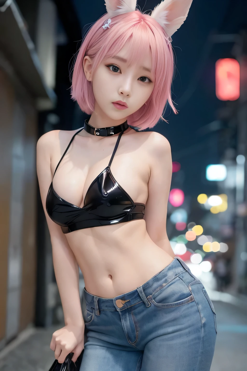 Callejones en Tokio、ciudad de noche、Neon Street、Bien deportivo、Jeans cortos、cabello rosado、Orejas de conejo realistas、orejas de conejo pelo rosado sobresaliendo de la cabeza,,,,,,,,,、sonrisa、Fascinating atmosphere、Hermosas manos con forma、k-pop、orejas de conejo rosa、1 chica en、solo、masterpiece、de primera calidad、realista、hiperdetalle、(piel brillante:1.4)、absurdo、pelo corto rosa、Bellezas esbeltas、dynamic lighting、high resolution、Sharp focus、profundidad de campos、(grueso apretado:1.0)、un delgado :1.2、:1.5、((Pelo bob de corte corto))、((k-pop:1.3))、Textura facial y de piel muy detallada.、((encantador))、Anatomically correct number of fingers、Correct anatomy、Angle from below