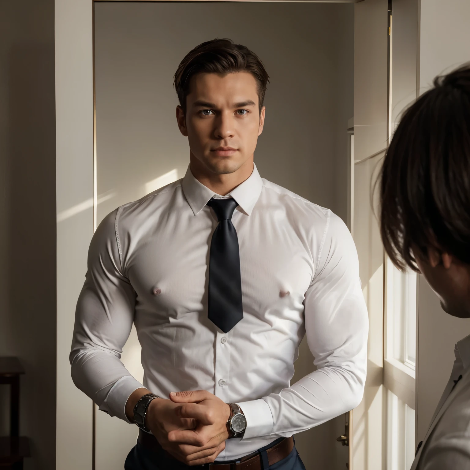 1man,
a 30 y.o muscular male wearing long-sleeve white shirt and tie, with a watch, upper body,
in house with 3 flash, soft lighting,
masterpiece, best quality, 8k uhd, dslr, film grain, Fujifilm XT3 photorealistic painting art by midjourney and greg rutkowski