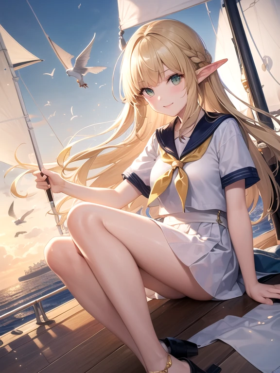 (((masterpiece, highest quality, High resolution, high detail)))), ((((fantasy))), One, (Elven Woman)))), (White short skirt with gold embroidery), (blonde long straight hair), (shiny dark green eyes), (White ruffled blouse with gold embroidery), big, (((On the deck of a sailing ship at sea)), (Vast sea))), (The sky with clouds)), (( Seagulls flying in the sky)), smile, (Wind), Flying particles of light