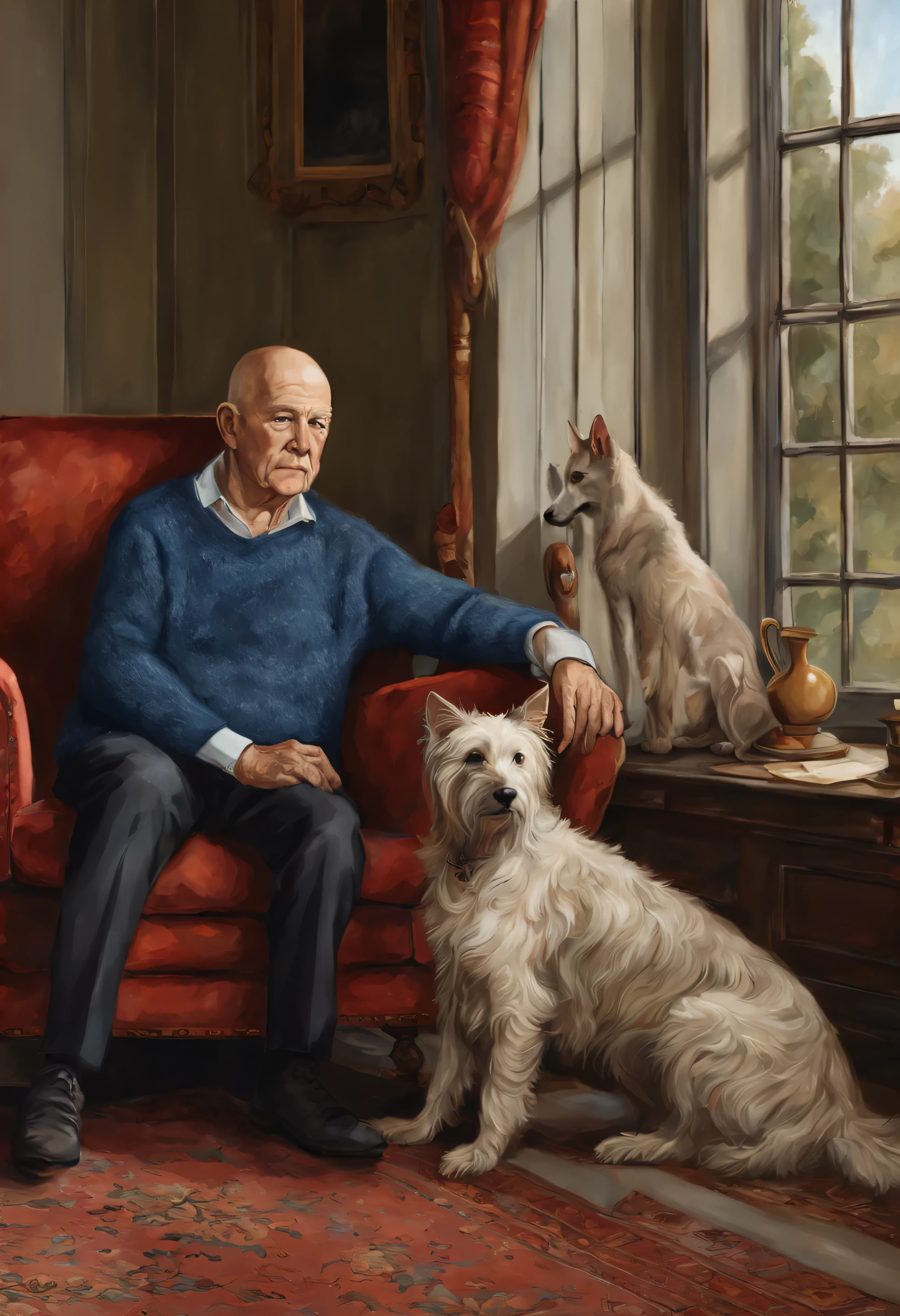 Photorealistic portrait of a 60-year-old man.+ Years, with a bald head, in a blue coarse knit jumper, sitting in the armchair, a huge wolfhound sits next to him, a red terrier lies at a man's feet, a black cat sits on the back of a chair, against the backdrop of a large panoramic window, on the windowsill of which a cat and a cat are sitting, masterpiece! elegant portrait, royal portrait painting, Digital painting, royal portrait, elegant Digital painting