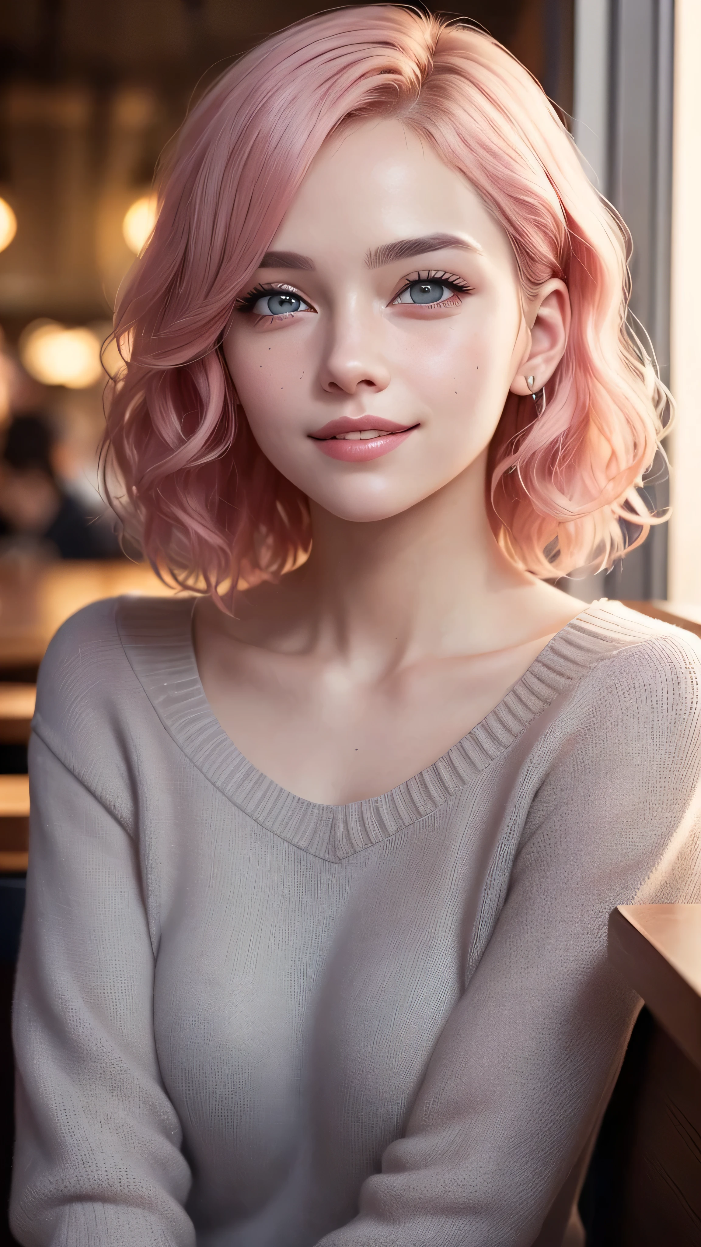 ((best quality: 1.5)) ((masterpiece: 0.8)), intricate details, sharp focus, professional, real life, realistic representation of the face, shadows, golden hour, dynamic pose, in the style of realistic and hyper detailed renderings BREAK (detailed 30 year old woman, (((portrait, cleft chin up), natural lips, short pink wavy hair)) ice blue eyes, soft gray sweater, ((shy, grinning, crowded cafe)))), photorealistic, hyper-realistic, 8K, blemish: 0.5