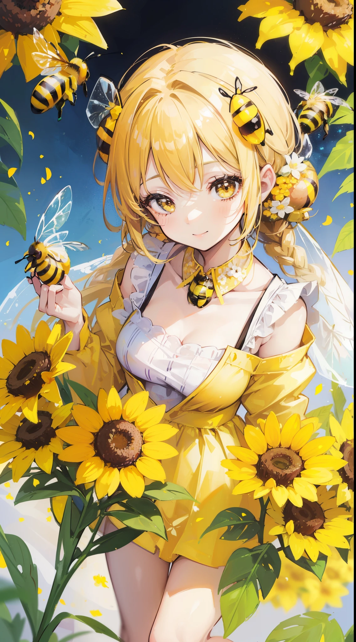 (32k), (beautiful cute girl), (((bee))), (bee ornament), (((bee dress))), (((many bee))), (((background of many flowers
))), (beautiful world), (cute world), smile, 