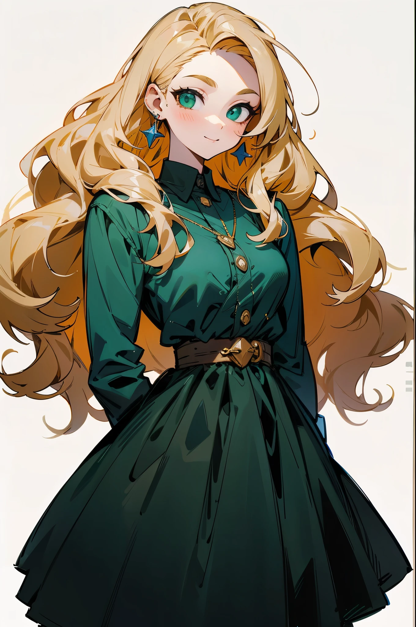 1girl, solo, standing, muture female, highly detailed, vibrant colors, composite lighting, professional shading, (white background:1.5), (blank background:1.5), masculine shapes, sharp and crisp image, high quality textures, perfectly structured, natural proportions, slender, smile, pale skin, (blonde hair), (wavy hair), long hair, green eyes, (casual dress), American fashion, earrings, jewelry,
