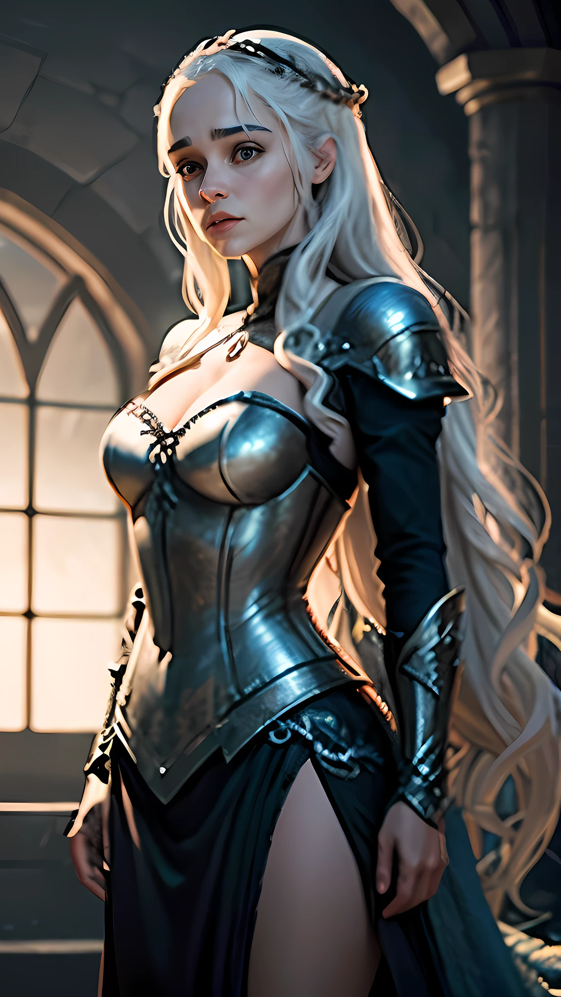 depth of field, cinematic lighting, motion blur, chromatic aberration, ray tracing, anime, 8k, super detail, best quality, 1080P, HD, 4K, 16k. Anime, Daenerys Targaryen, standing next to a dragon, large cleavage