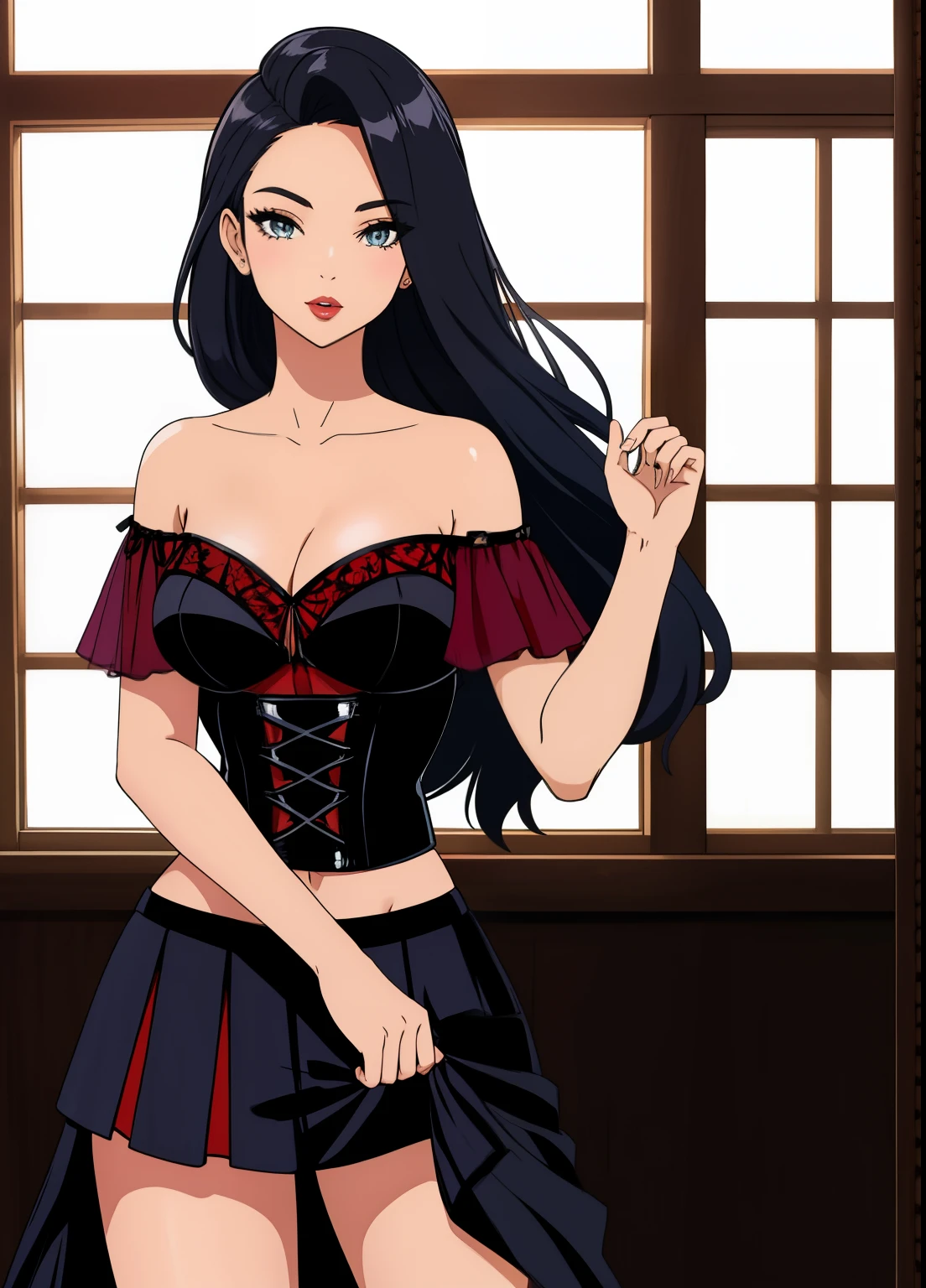 Sexy woman posing gracefully in a chiffon off-shoulder bustier, paired with an elegant skirt.