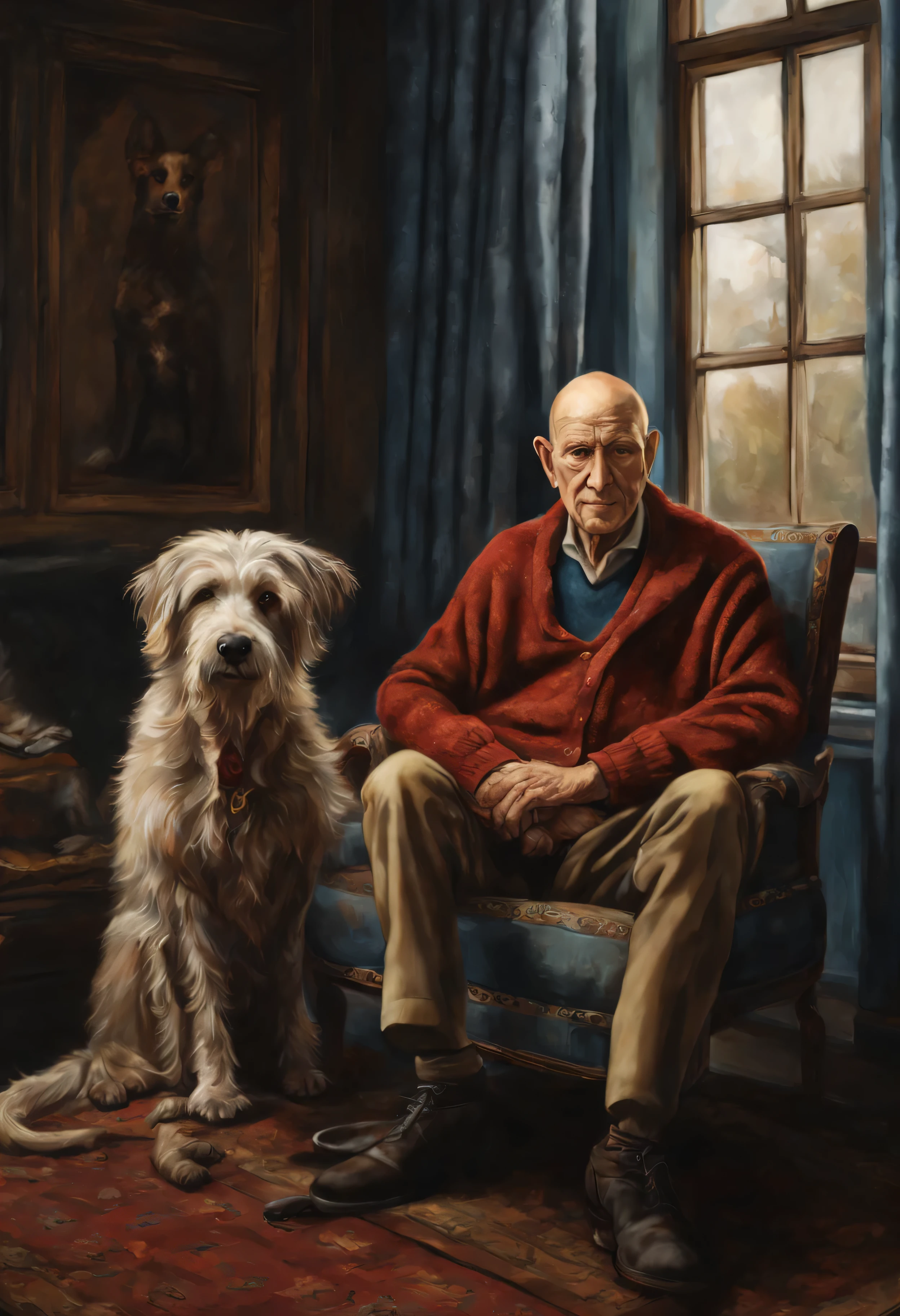 Photorealistic portrait of a 60-year-old man.+ Years, with a bald head, in a blue coarse knit jumper, sitting in the armchair, a huge wolfhound sits next to him, a red terrier lies at a man's feet, a black cat sits on the back of a chair, against the backdrop of a large panoramic window, on the windowsill of which a cat and a cat are sitting, masterpiece! elegant portrait, royal portrait painting, Digital painting, royal portrait, elegant Digital painting