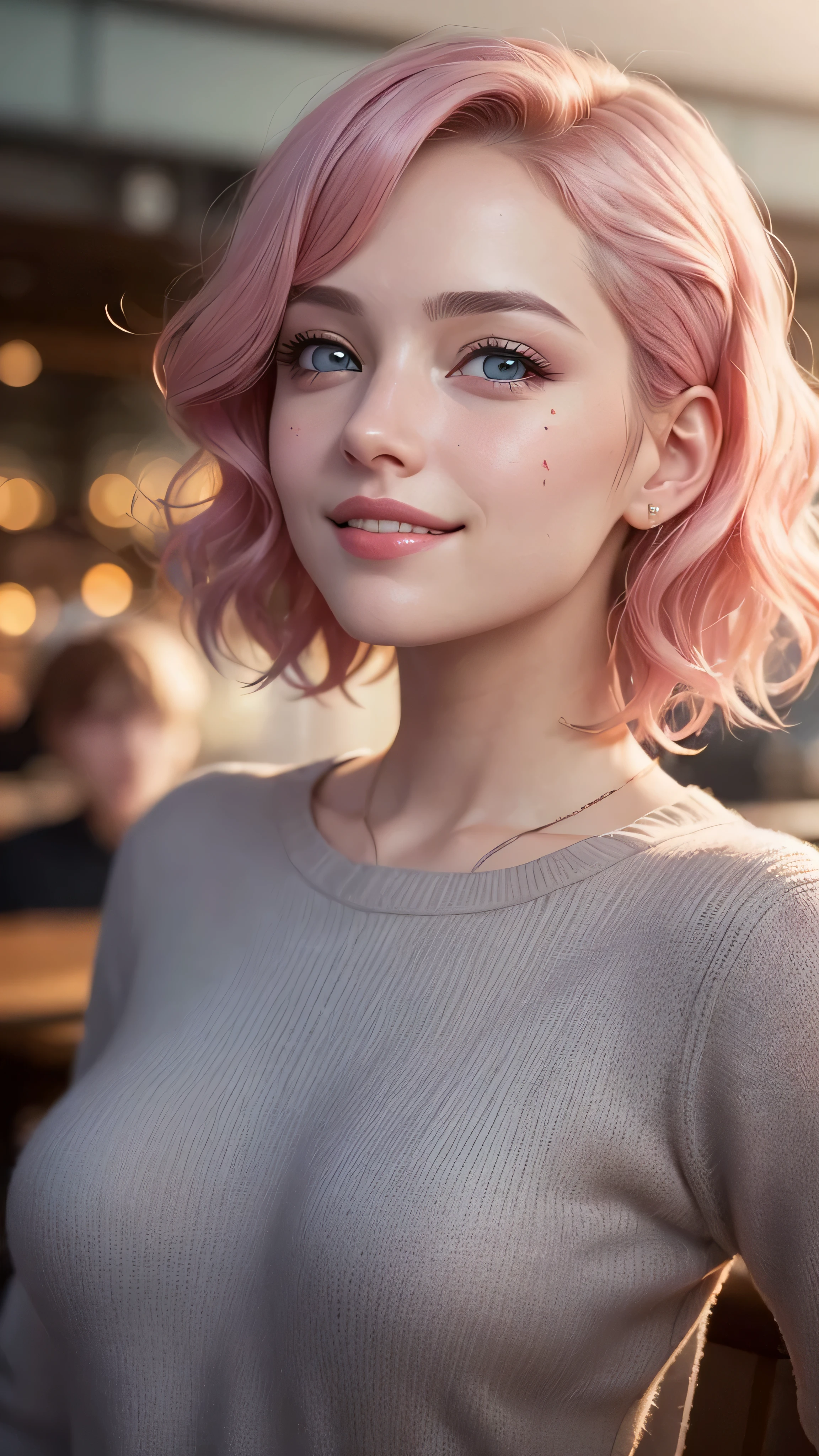 ((best quality: 1.5)) ((masterpiece: 0.8)), intricate details, sharp focus, professional, real life, realistic representation of the face, shadows, golden hour, dynamic pose, in the style of realistic and hyper detailed renderings BREAK (detailed 30 year old woman, (((portrait, cleft chin up), natural lips, short pink wavy hair)) ice blue eyes, soft gray sweater, ((shy, grinning, crowded cafe)))), photorealistic, hyper-realistic, 8K, blemish: 0.5