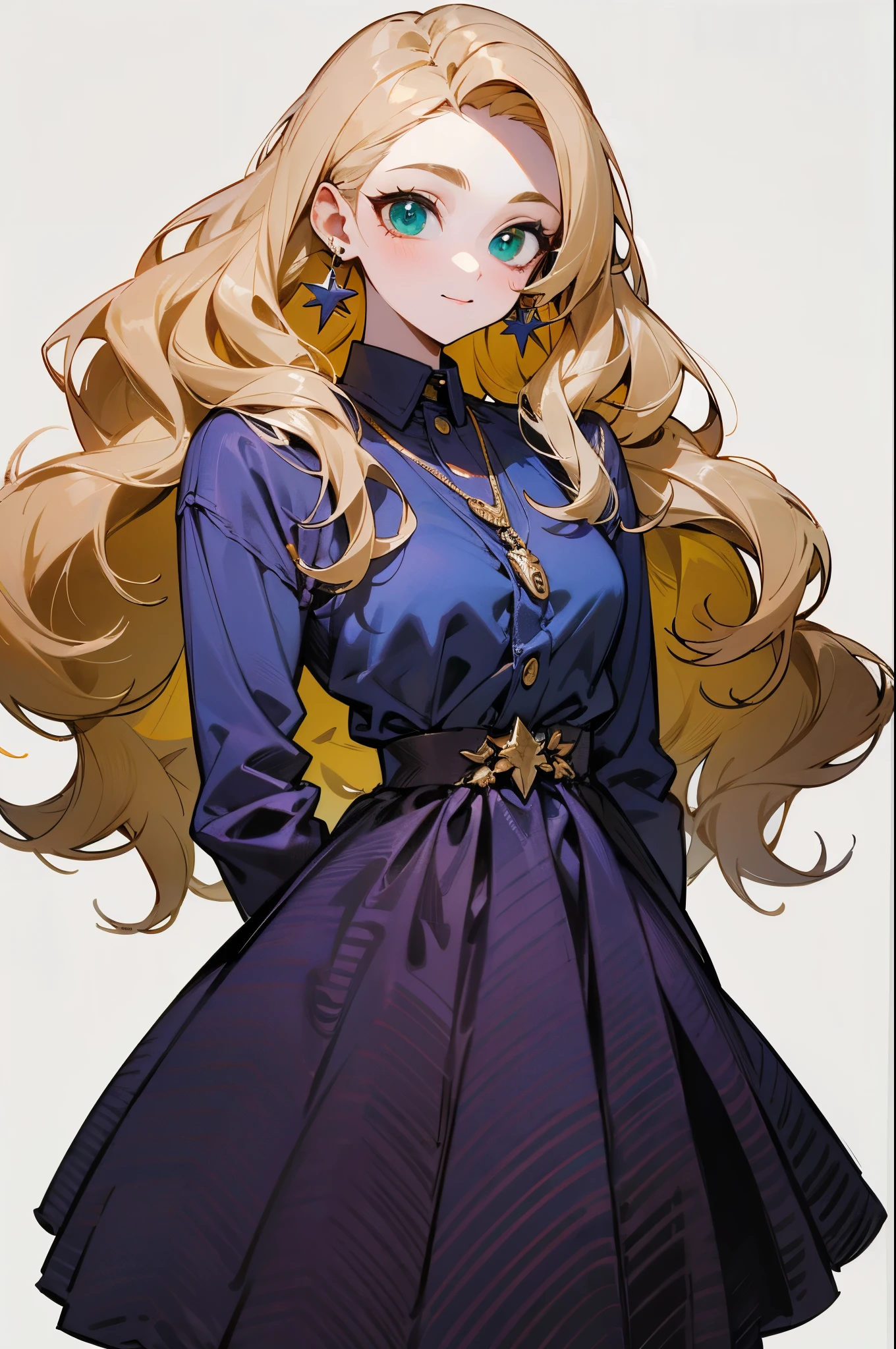 1girl, solo, standing, muture female, highly detailed, vibrant colors, composite lighting, professional shading, (white background:1.5), (blank background:1.5), masculine shapes, sharp and crisp image, high quality textures, perfectly structured, natural proportions, slender, smile, pale skin, (blonde hair), (wavy hair), long hair, green eyes, (casual dress), American fashion, earrings, jewelry, 