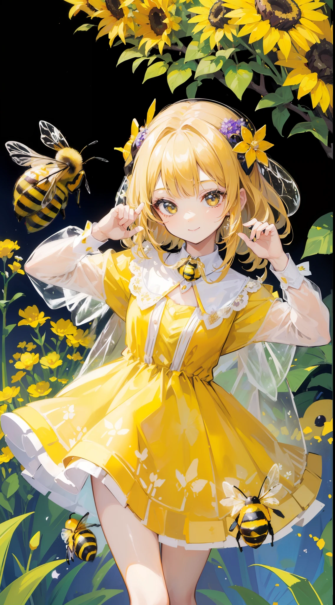 (32k), (beautiful cute girl), (((bee))), (bee ornament), (((bee dress))), (((many bee))), (((background of many flowers
))), (beautiful world), (cute world), smile, 